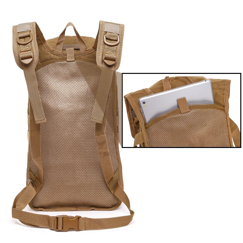 Brown military tactical backpack with a durable design, featuring a MOLLE system, water-resistant material, and multiple pockets, photographed against a wooden background.