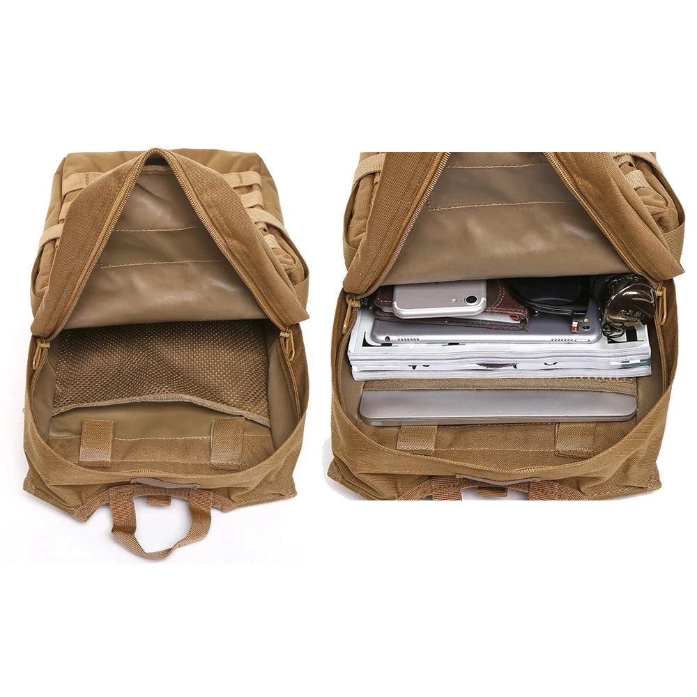 Military tactical backpack featuring a durable, water-resistant design with multiple pockets and MOLLE webbing for versatile storage and organization.