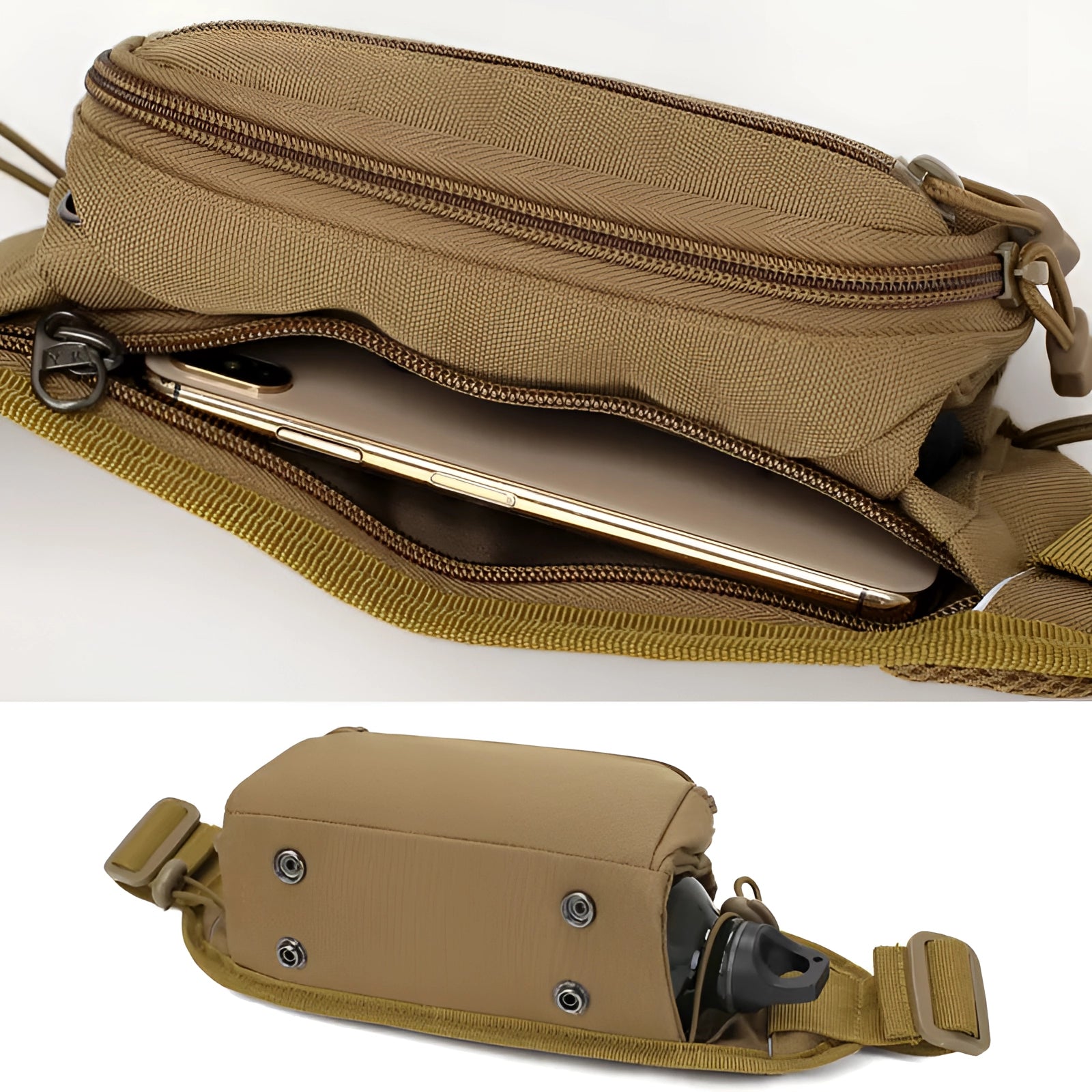 Olive green military tactical sling bag with multiple compartments, featuring a durable design and adjustable shoulder strap, ideal for outdoor activities.