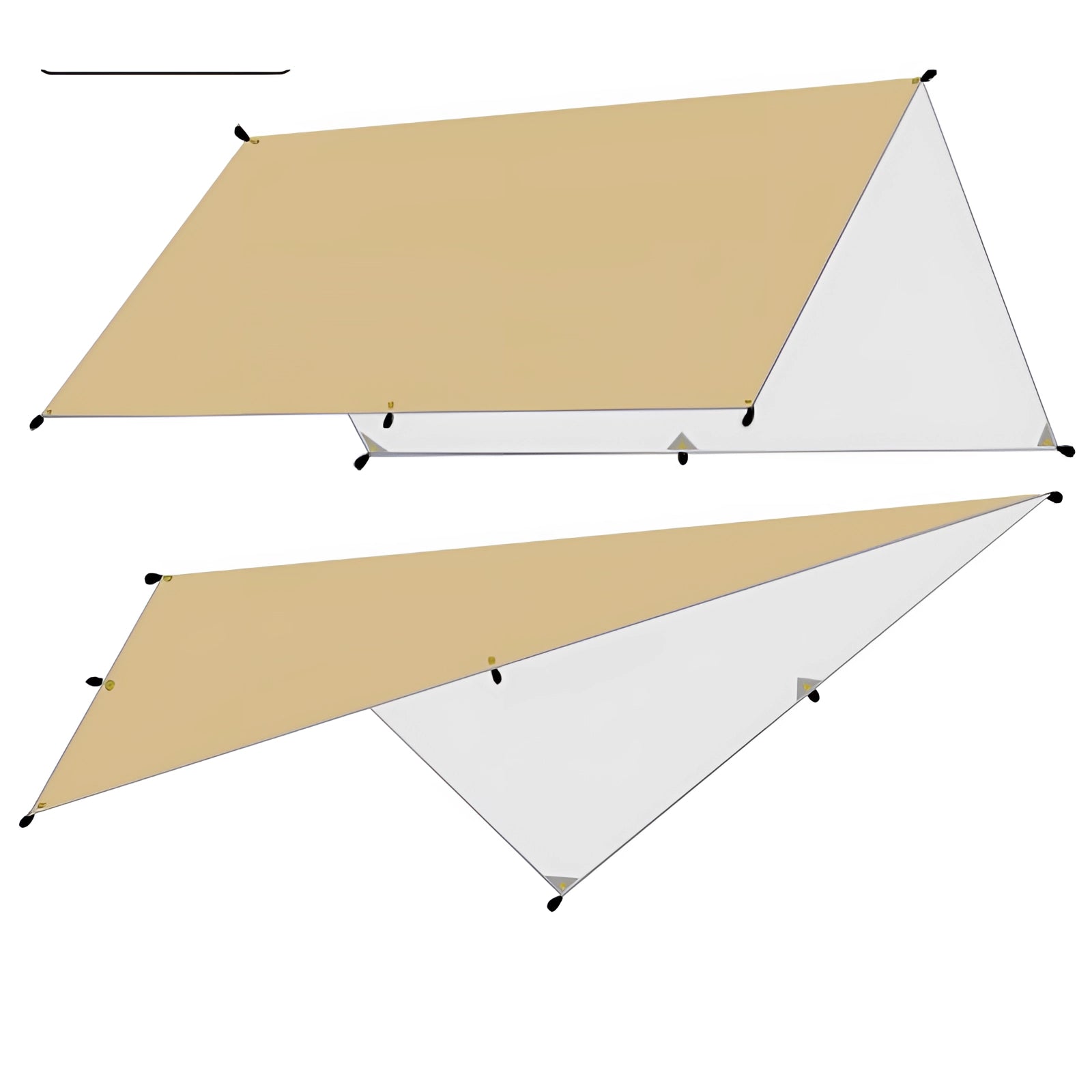 Khaki 3x5 meter multi-use waterproof camping tarp providing durable UV protection and outdoor shade, set up in a sloped triangular configuration over wooden supports.