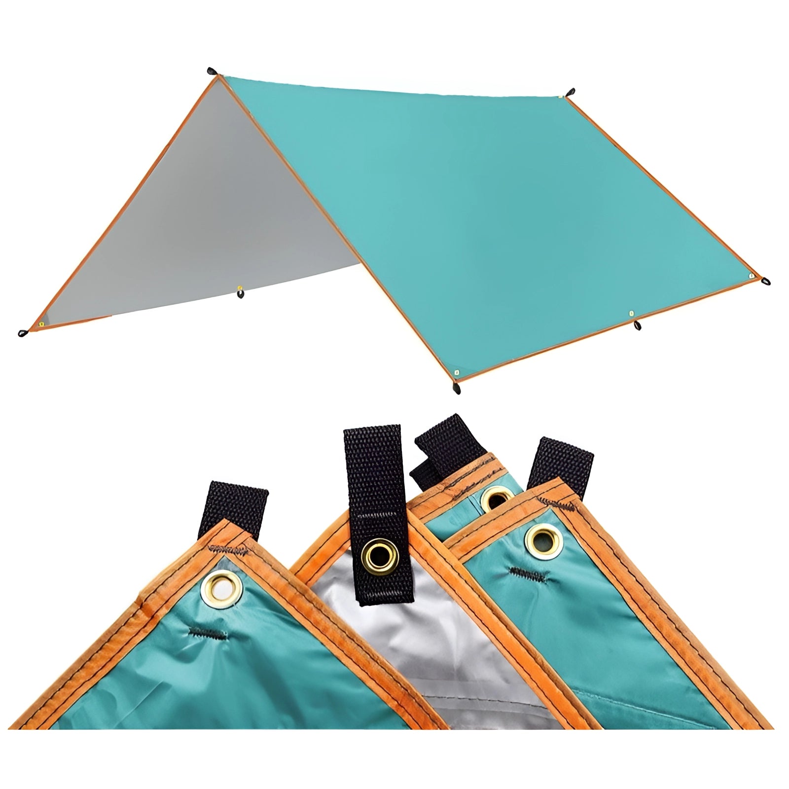 Cyan 3x5 meter waterproof camping tarp, providing durable UV protection and outdoor shade, draped over a frame with trees in the background.