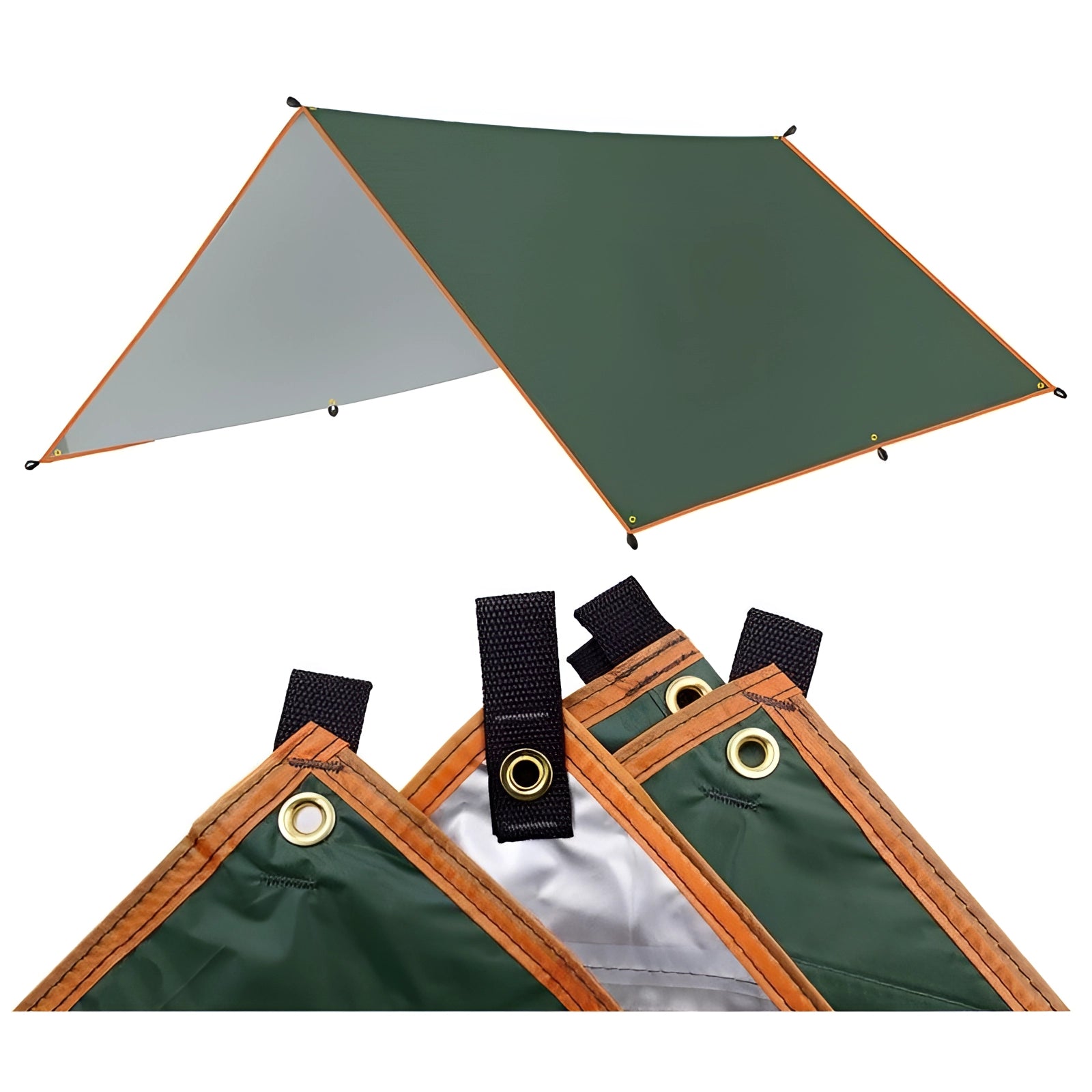 Green 3x5 meter multi-use waterproof camping tarp providing durable UV protection, set up outdoors under trees.