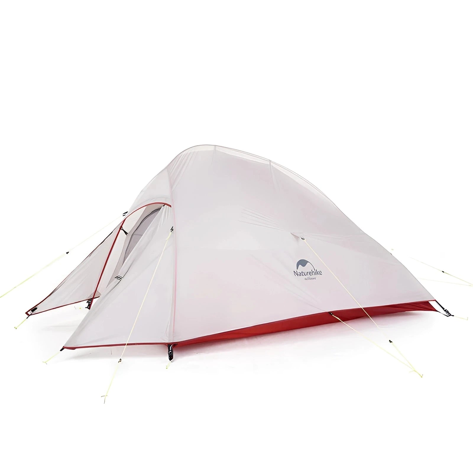 Naturehike Cloud-Up Ultralight 2-Person Waterproof Tent set up outdoors, showcasing its triangular design and sturdy slope with a magenta and carmine color scheme, made from high-quality composite materials.