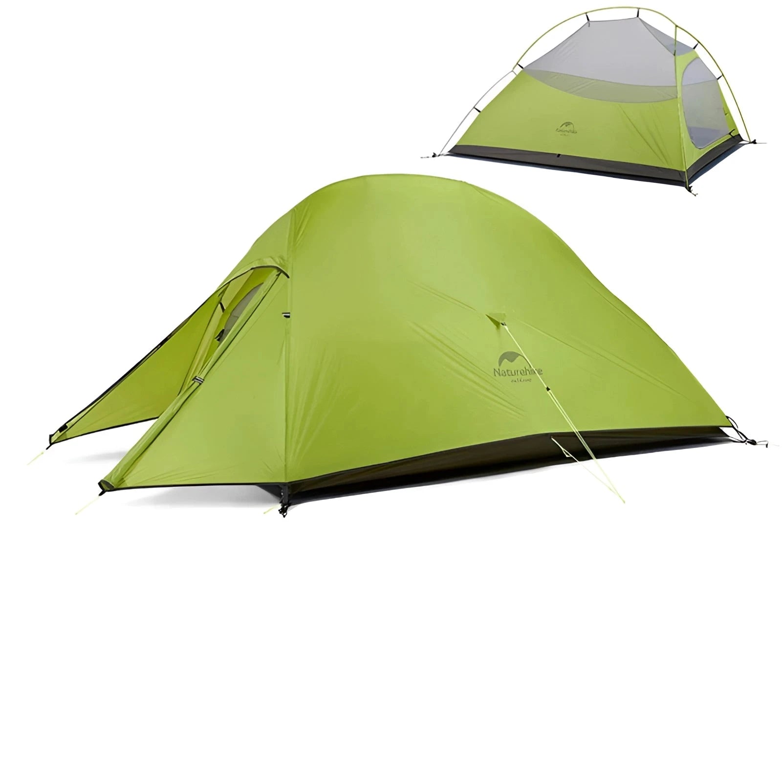 A mustard-colored 2-person ultralight tent pitched on a grassy slope under partial shade.