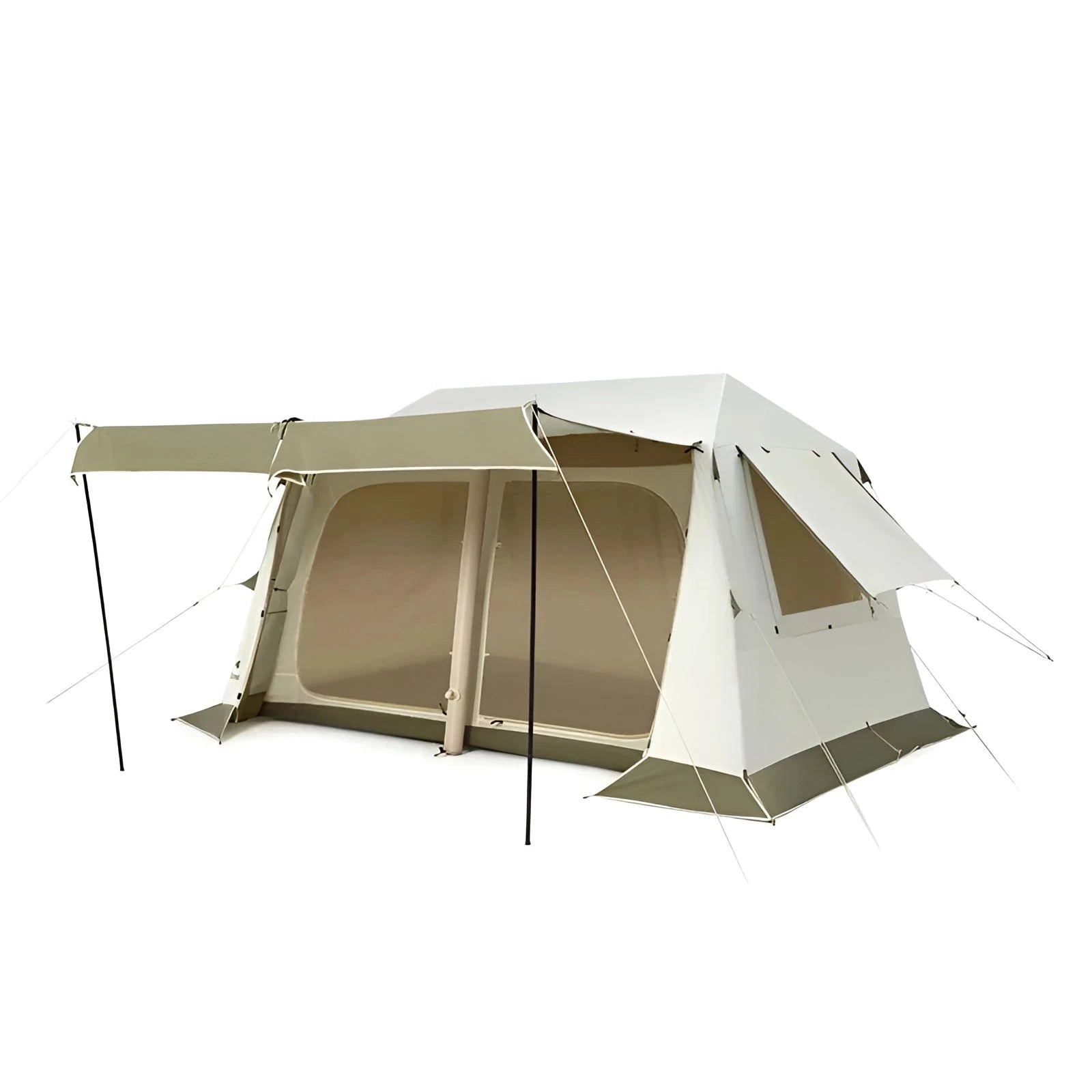 Naturehike large waterproof family camping tent in khaki, featuring multiple rooms and durable construction, set up outdoors with a sturdy roof and facade.