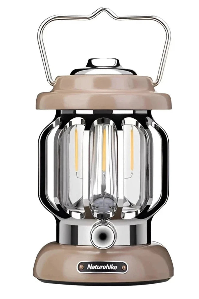 Vintage-style Naturehike LED camping lantern in taupe, portable and rechargeable, with a metal body and retro design.