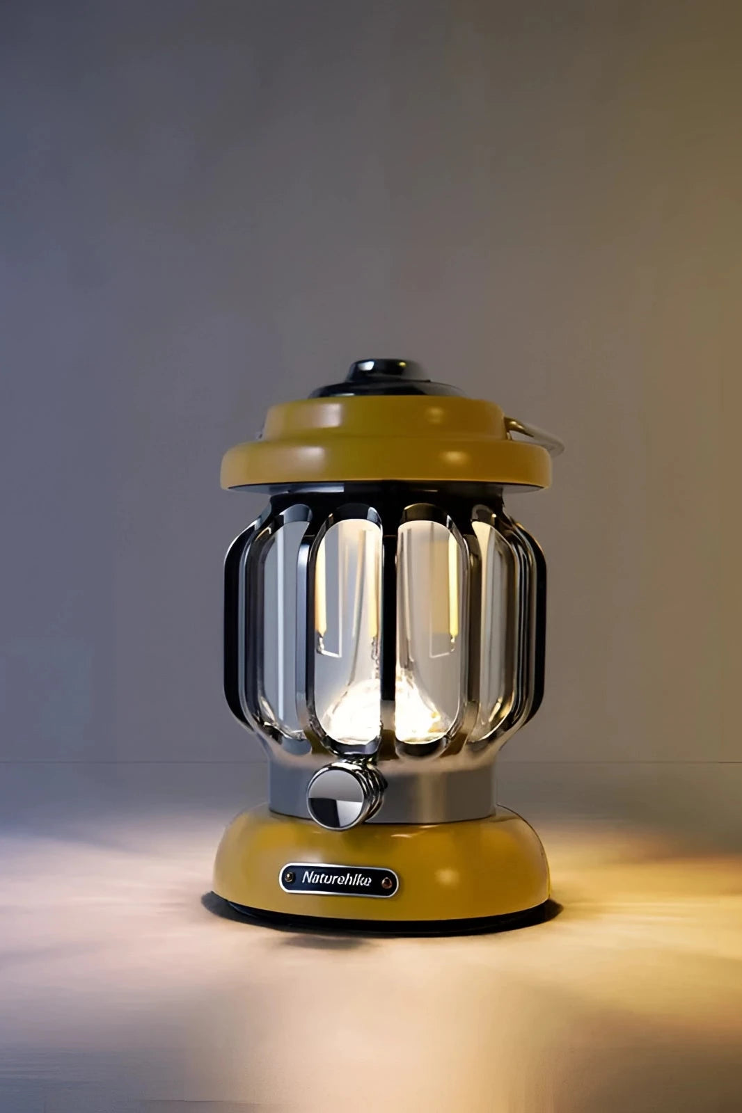 Vintage-style portable LED camping lantern by Naturehike, rechargeable with a metal body and rustic design.