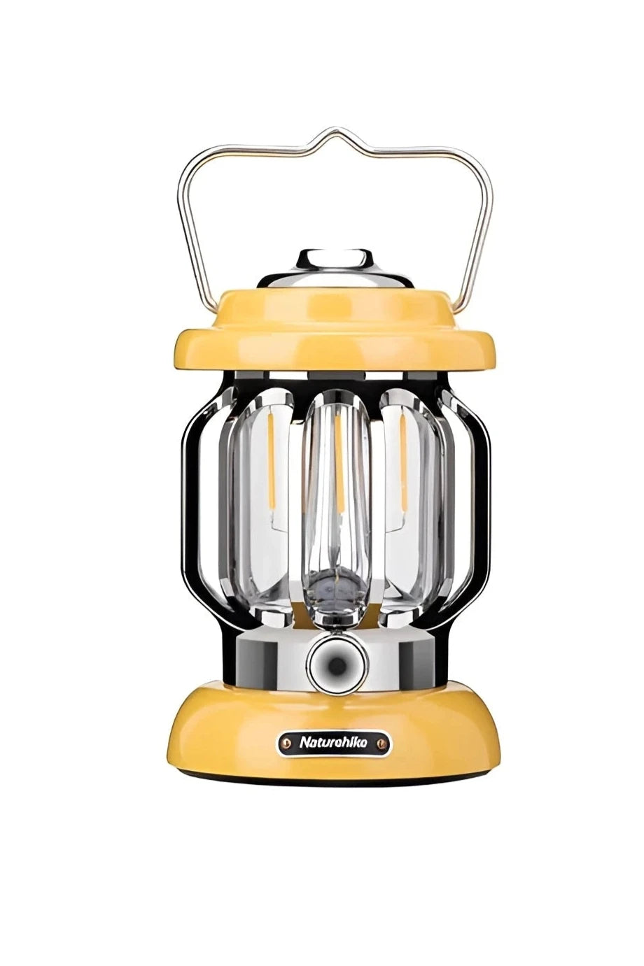 Vintage-style yellow Naturehike LED camping lantern, portable and rechargeable, with retro design elements.