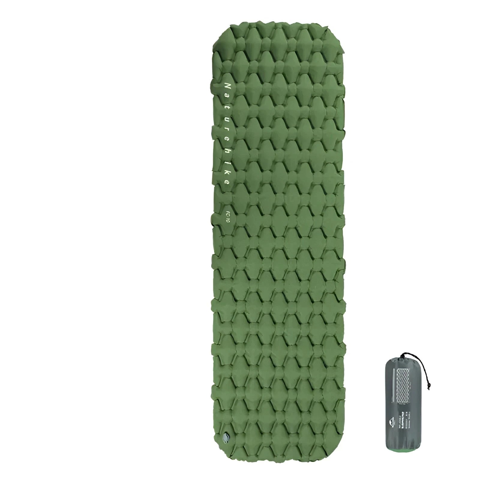 Naturehike Ultralight Inflatable Camping Sleeping Pad in green, shown outdoors on grass with a textured surface.