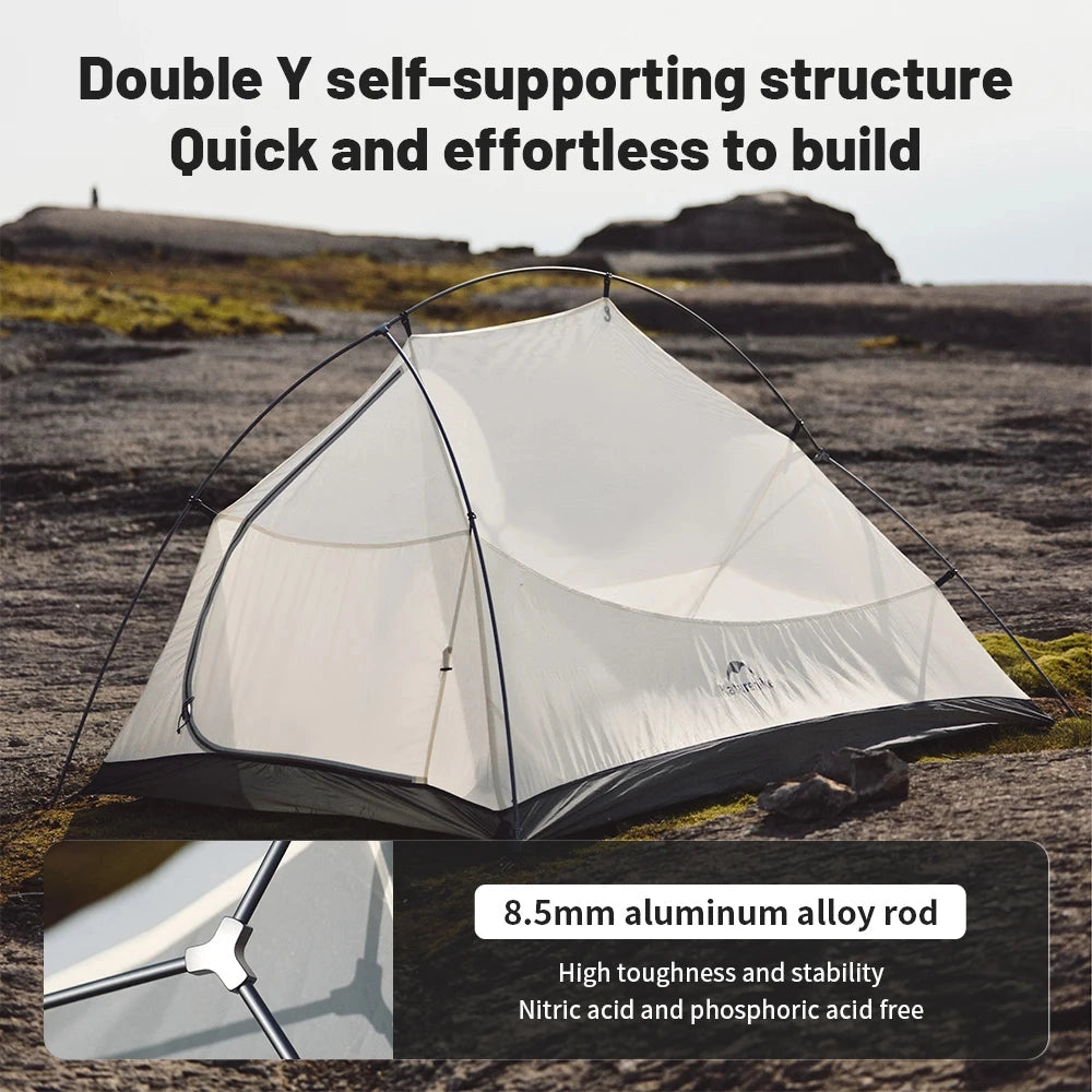 Naturehike Ultralight Waterproof 2-Person Backpacking Tent set up in a grassy plain, surrounded by natural landscape under shaded light.