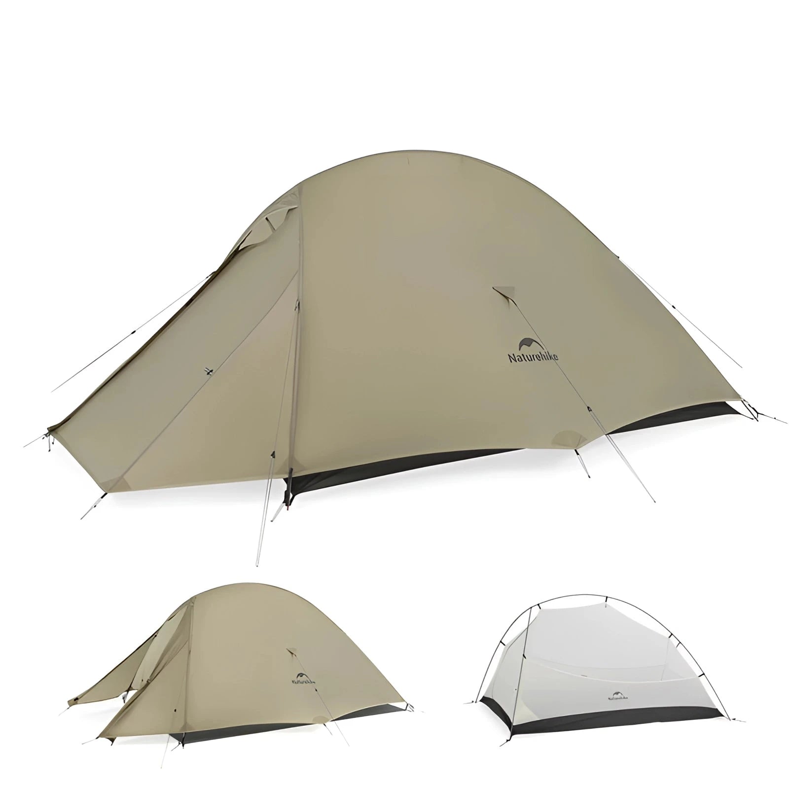 Naturehike Ultralight Waterproof 2-Person Backpacking Tent set up outdoors on grassy terrain with shades and trees in the background.