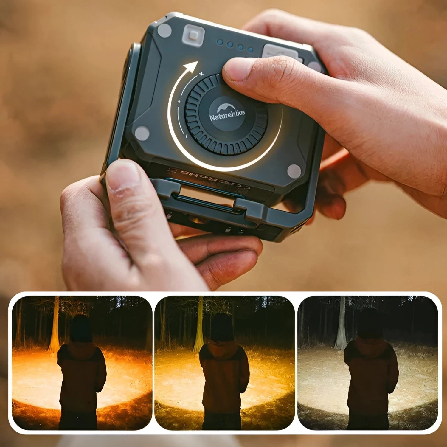 Person holding a Naturehike Waterproof LED Camping Light, USB rechargeable, multi-angle design, with a camera capturing the moment.