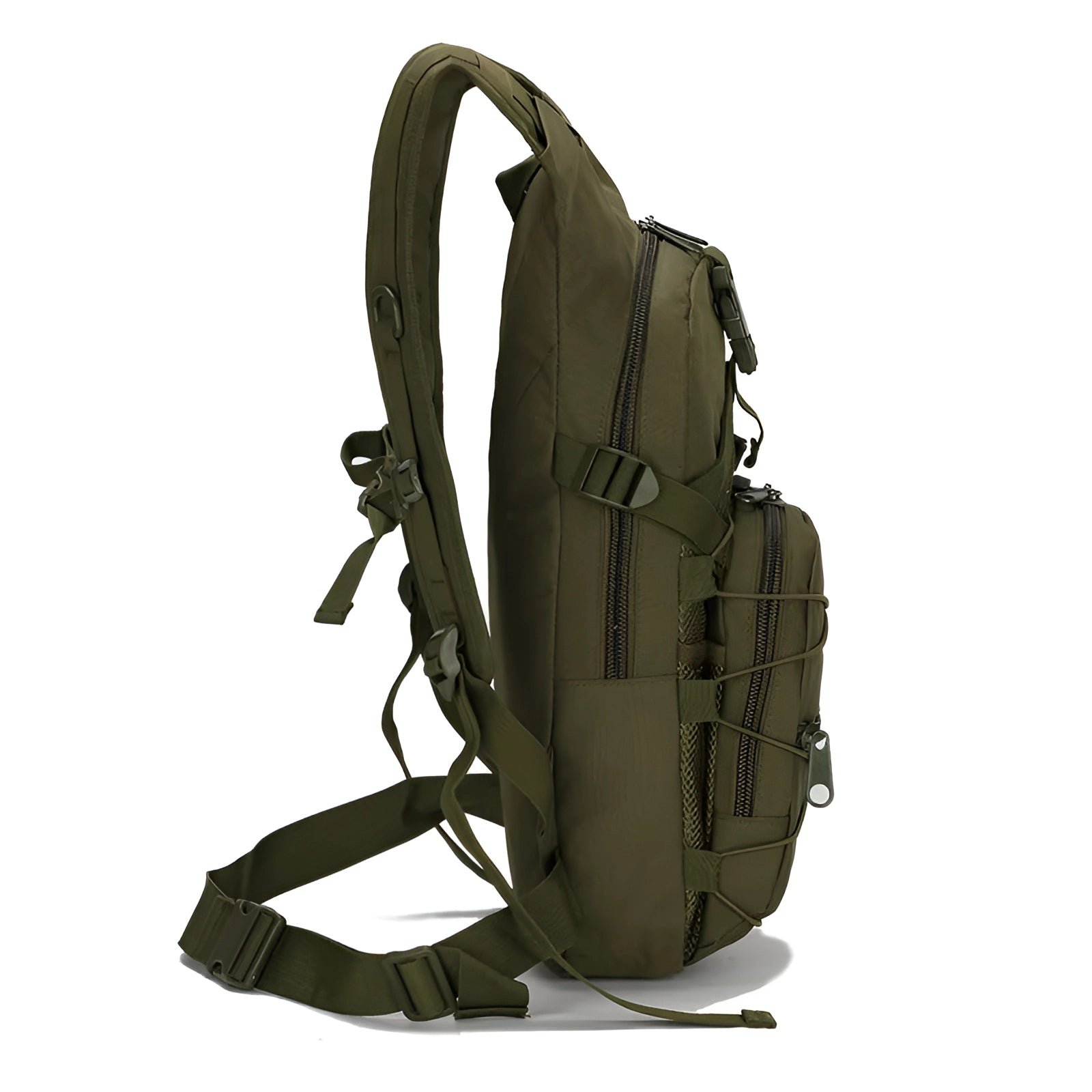 Olive green military-grade MOLLE tactical backpack with water-resistant material, featuring multiple compartments, adjustable straps, and a rugged design suitable for outdoor use.