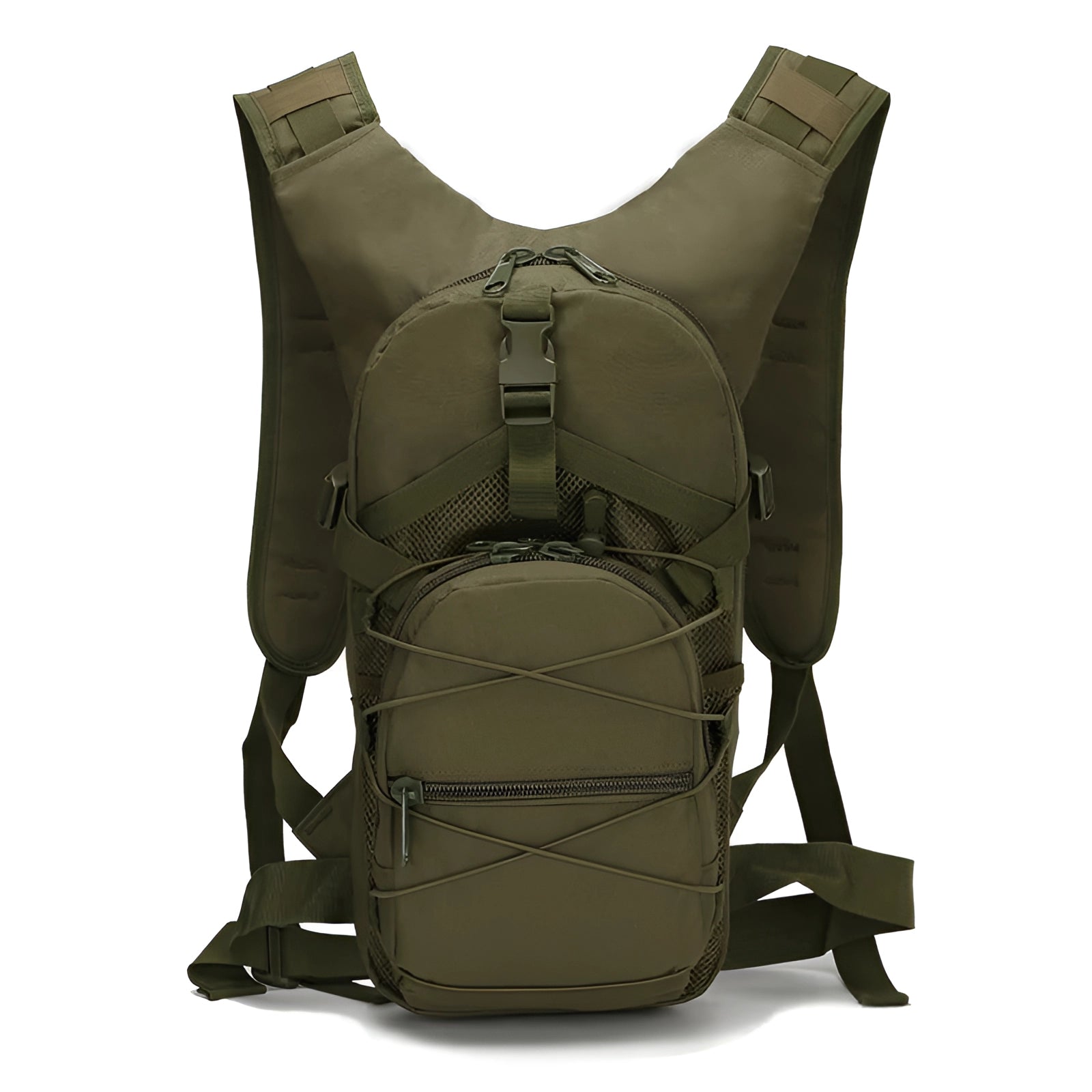 Olive green military-grade MOLLE water-resistant tactical backpack with multiple compartments and sturdy straps, designed for durability and outdoor use.