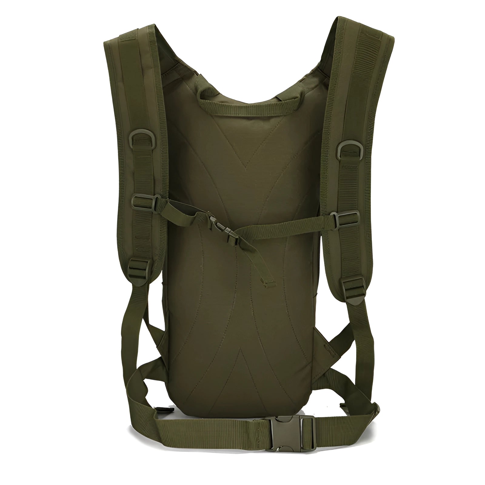 Olive green military-grade MOLLE water-resistant tactical backpack with multiple straps and a durable design, suitable for outdoor activities and personal protection.