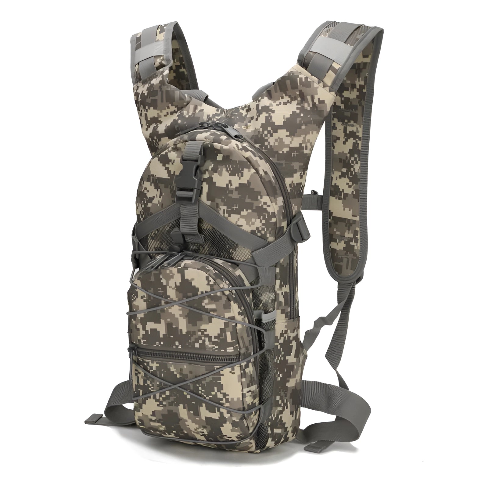 Olive green military-grade MOLLE tactical backpack with ACU camouflage pattern, featuring multiple compartments and adjustable shoulder straps for versatile use.