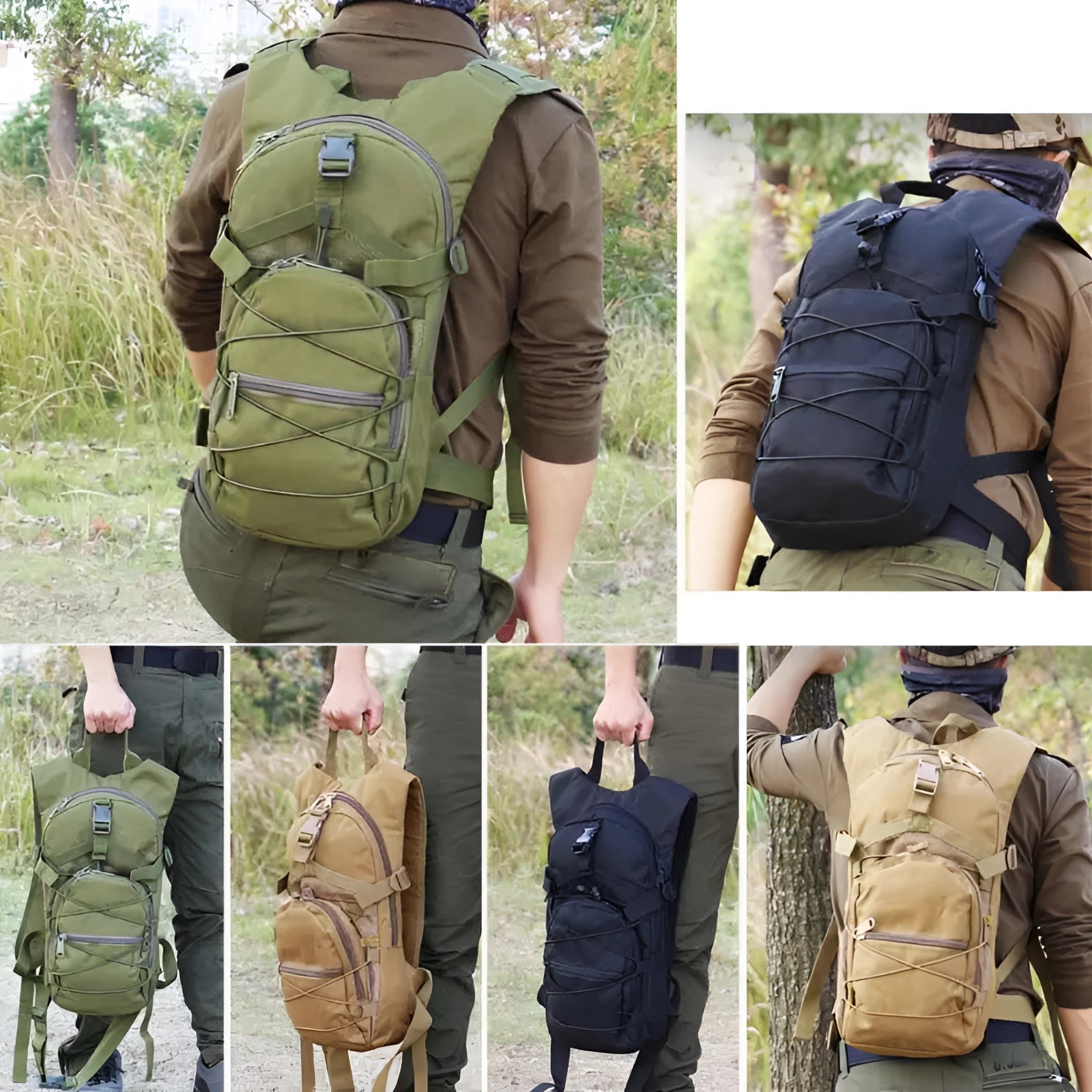 Olive green military-grade tactical backpack with MOLLE webbing system, designed for water resistance and durability, featuring a camouflage pattern.