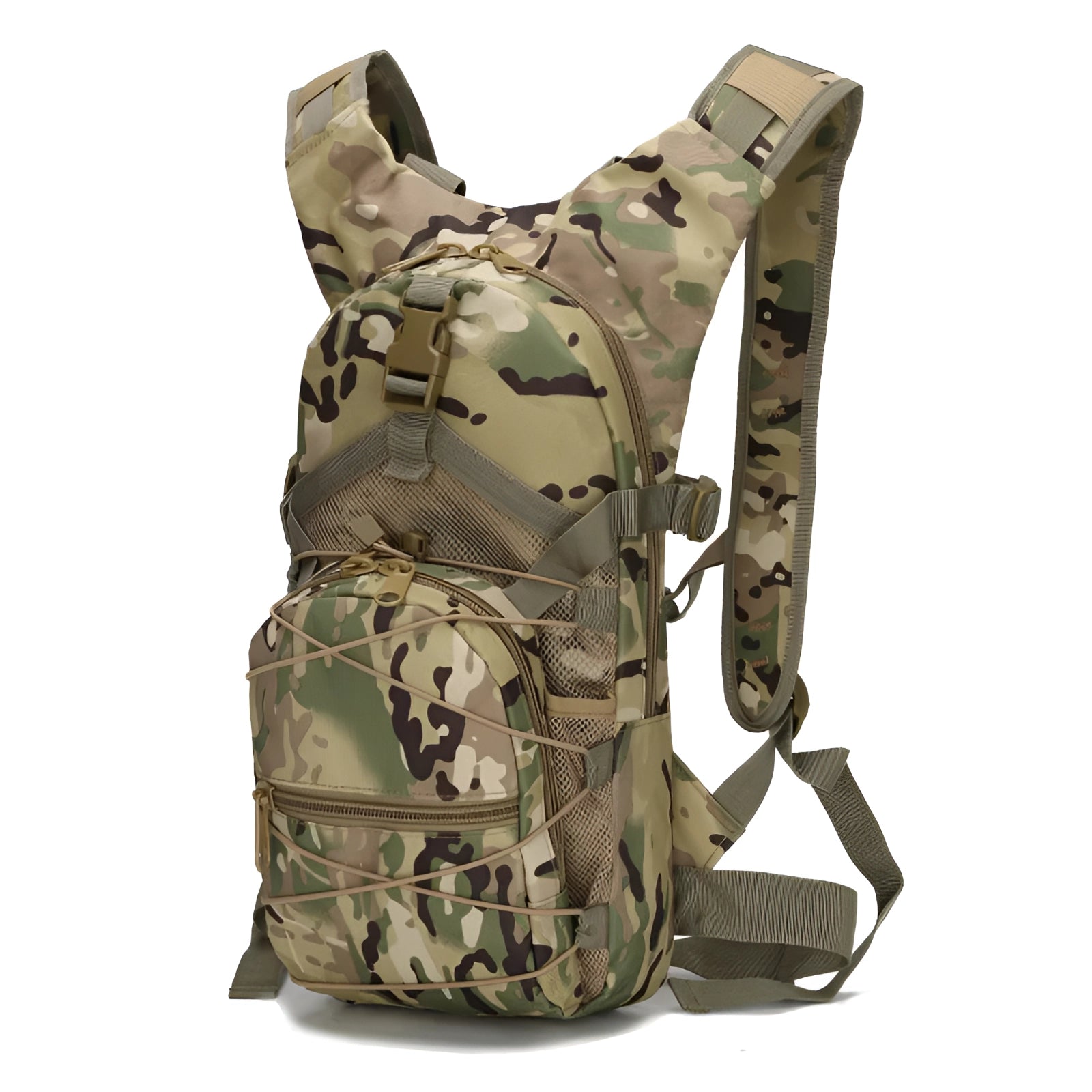 Olive green camouflage tactical backpack with MOLLE system, featuring military-grade durability and water-resistant material, suitable for outdoor or military use.