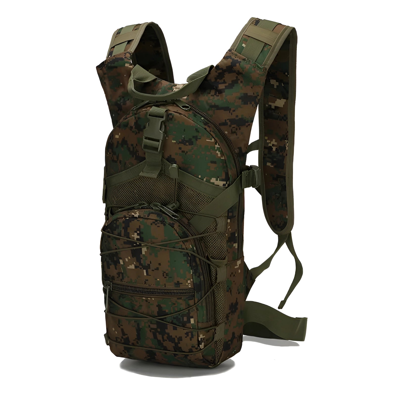 Olive Green Military-Grade MOLLE Tactical Backpack with Jungle Digital Camouflage Pattern, featuring water-resistant material and multiple compartments, designed for outdoor and military use.