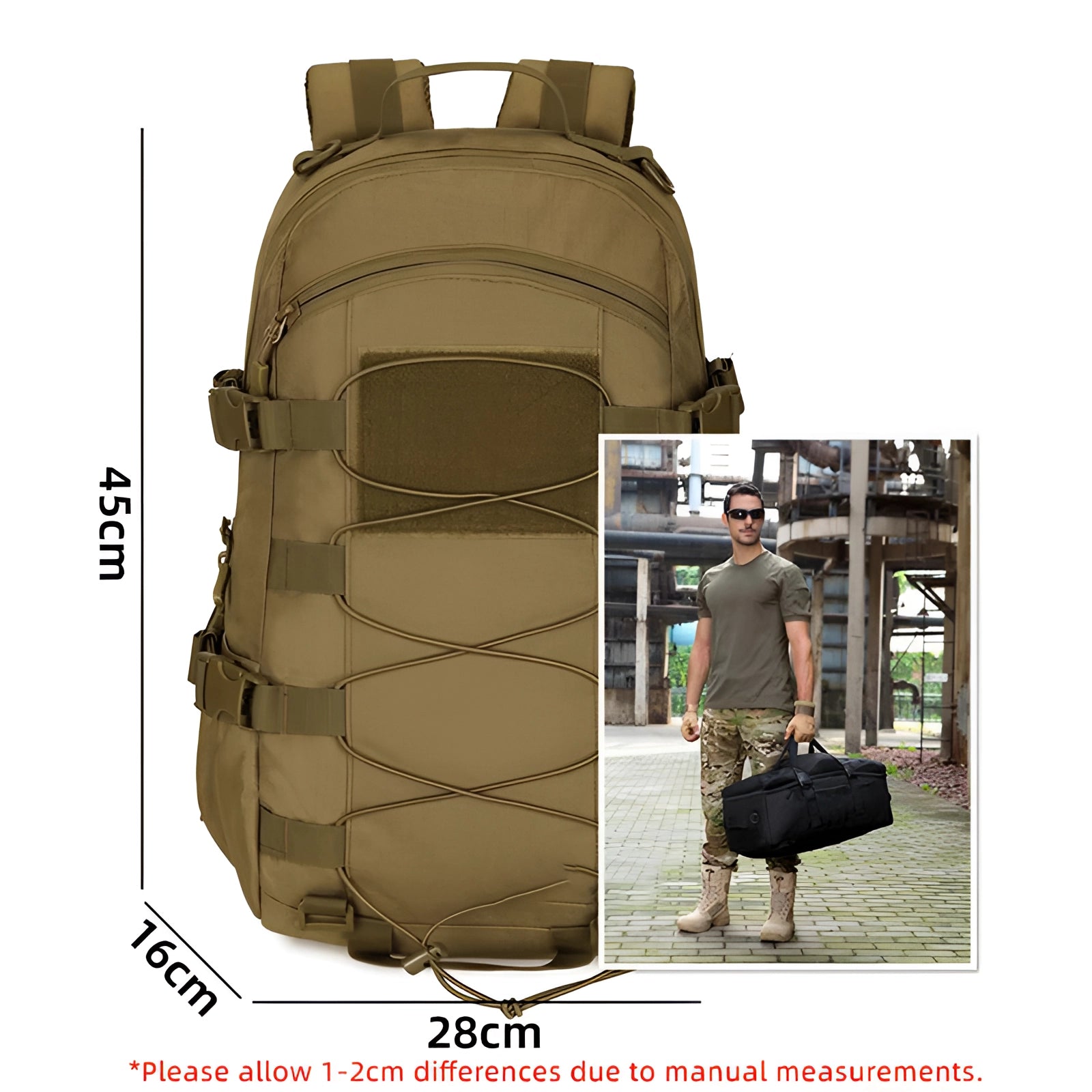 Olive green waterproof military rucksack featuring a tactical MOLLE design, ideal for travel and outdoor activities.