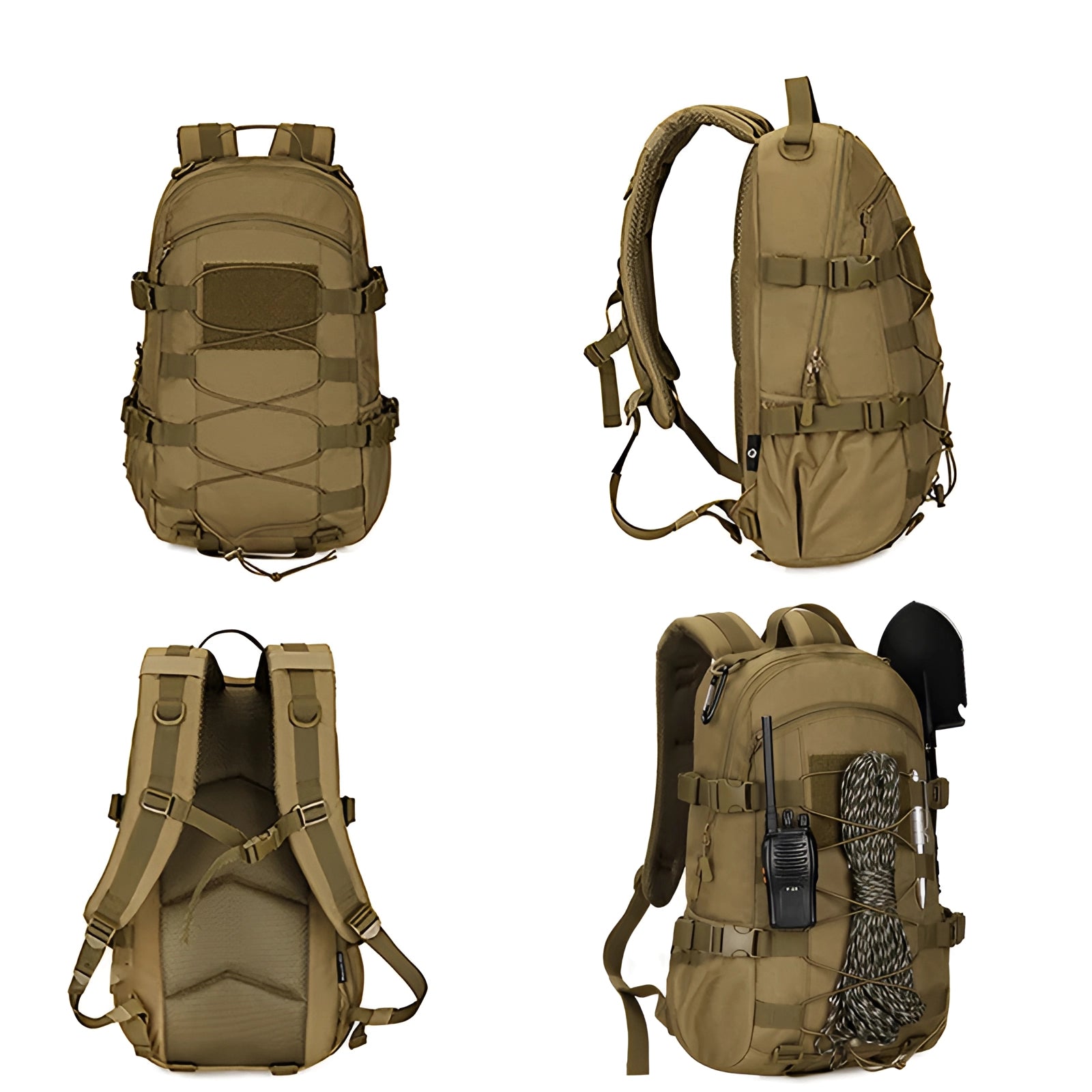 Olive green tactical Molle backpack, waterproof military rucksack with multiple compartments and straps, designed for durability and efficient gear organization.