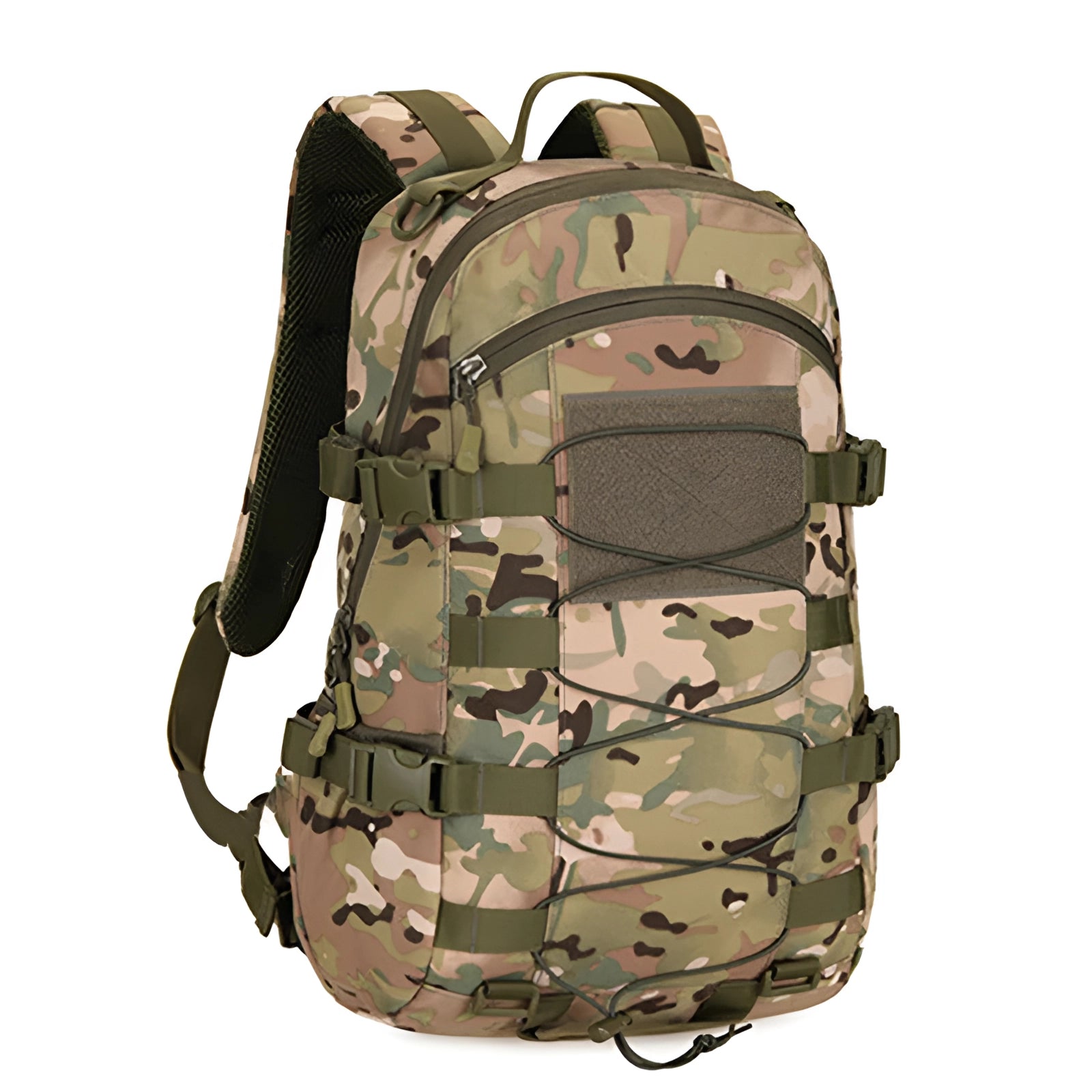 Olive green camouflage military rucksack with MOLLE system, featuring a rugged design and multiple compartments, ideal for tactical use and outdoor adventures.