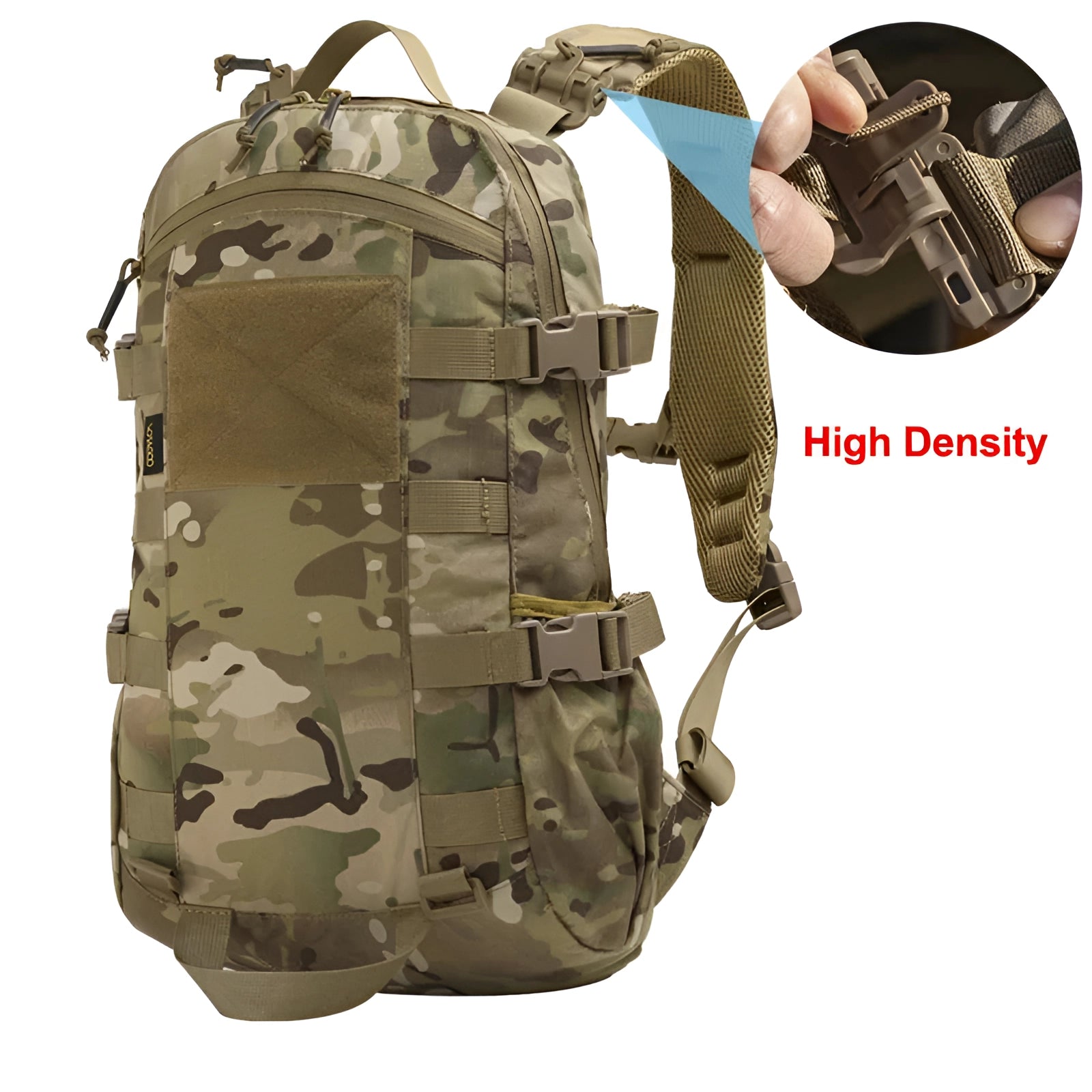 Olive green waterproof military rucksack with tactical MOLLE webbing, featuring a camouflage pattern and robust construction suitable for outdoor adventures and tactical use.