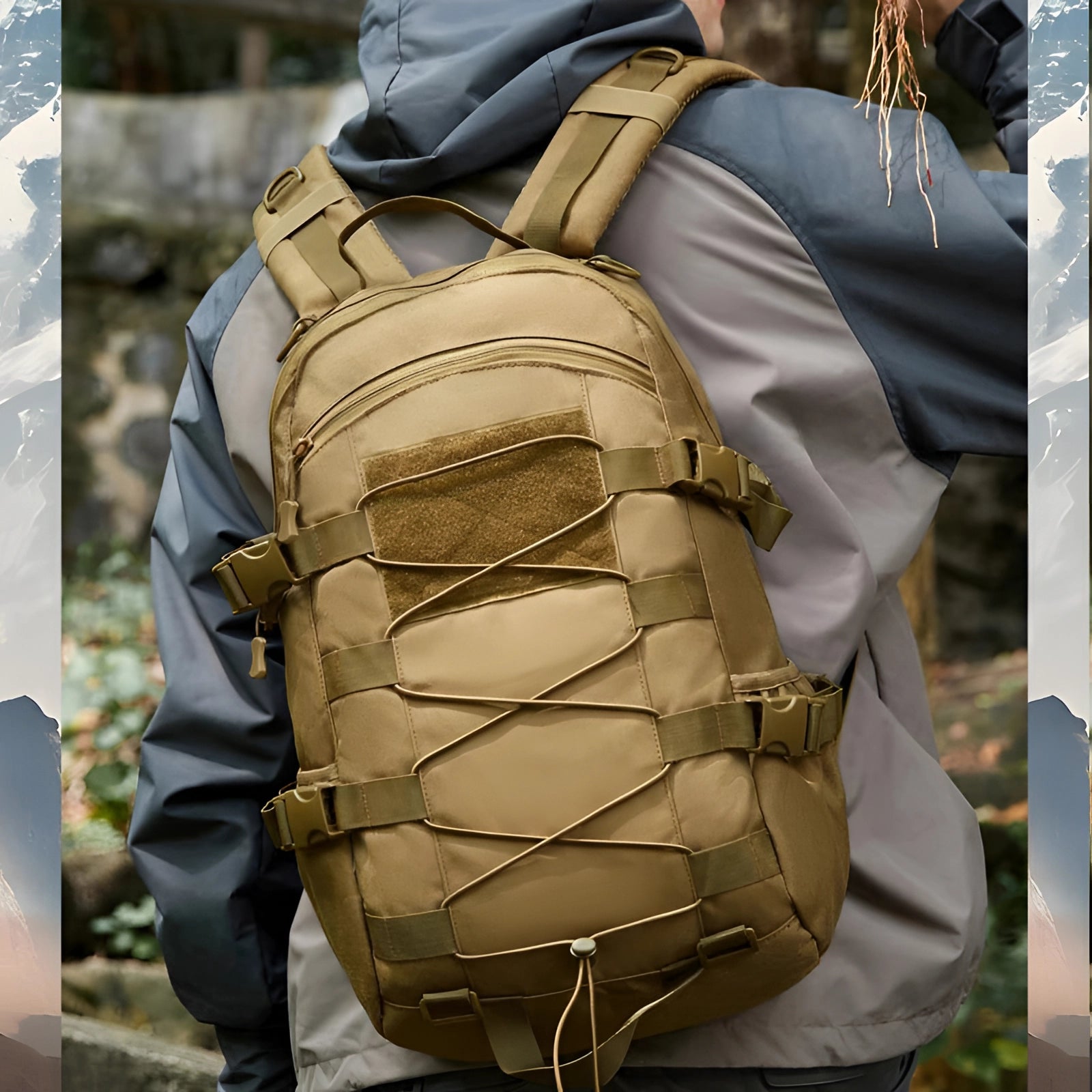 Olive green waterproof military rucksack with tactical MOLLE webbing, featuring a camouflage design, multiple compartments, and adjustable straps for secure and comfortable wear.