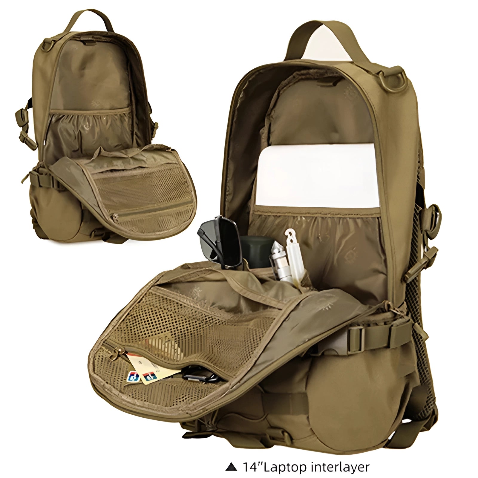 Olive green waterproof military rucksack with tactical MOLLE design, featuring multiple compartments and straps for secure carrying, ideal for outdoor and tactical use.