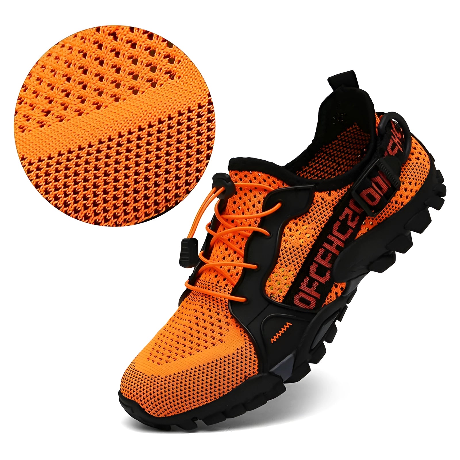 Orange breathable lightweight hiking shoes with quick-dry mesh and durable trail-ready design.