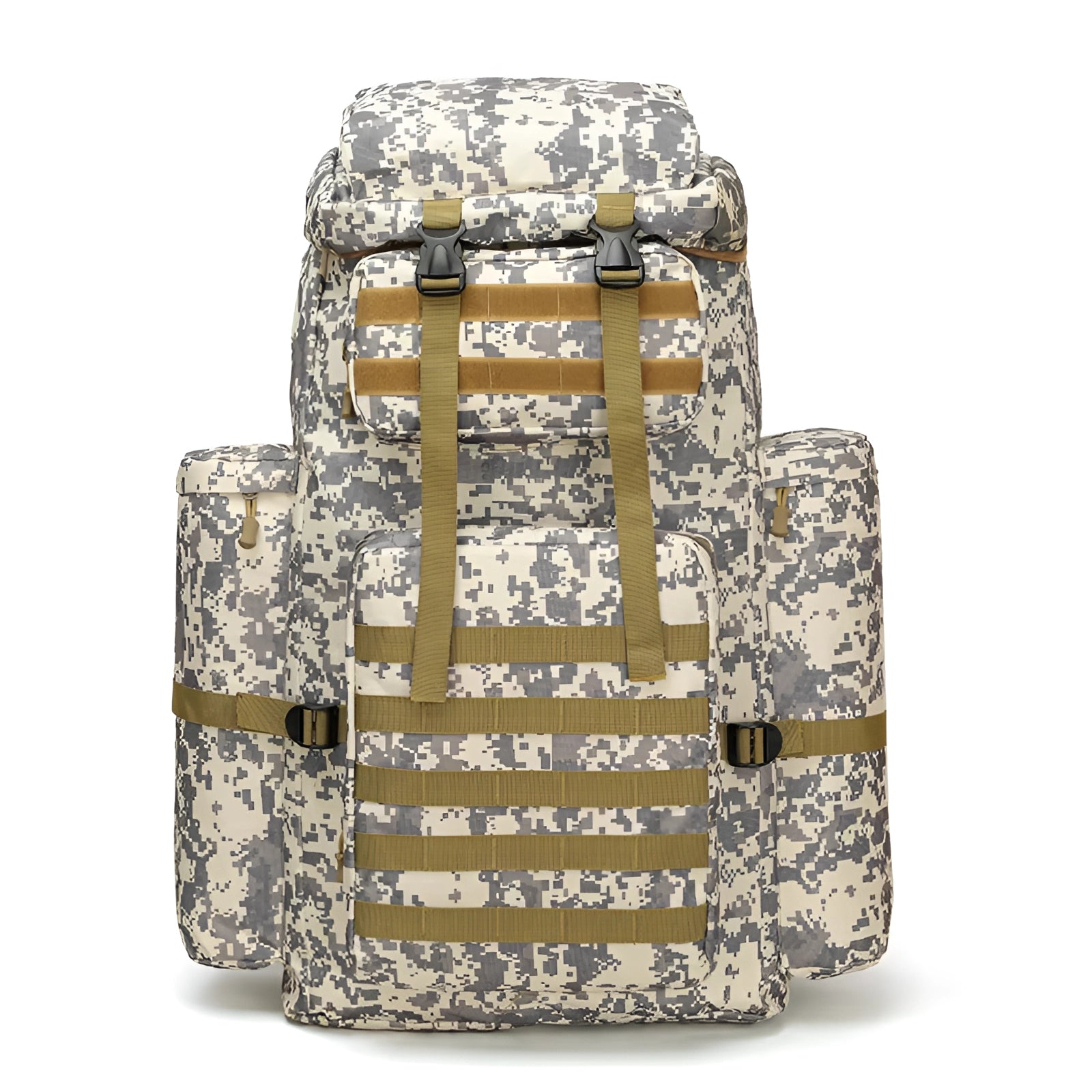 Grey camouflage Oulylan 100L camo tactical military rucksack with a rectangular shape, designed for hiking and outdoor use, featuring waterproof material and stylish pattern.