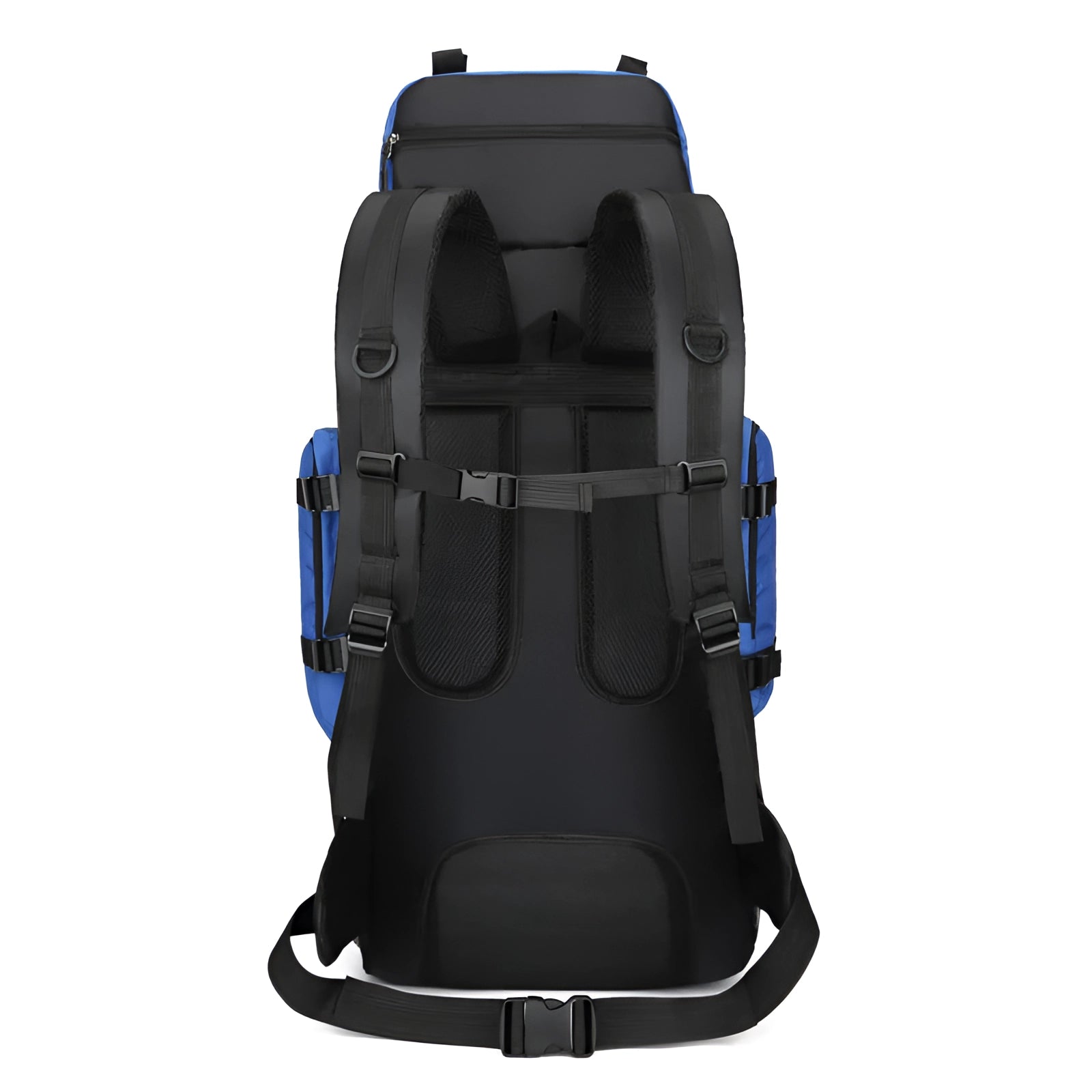 OULYLAN 90L heavy-duty hiking backpack in electric blue, featuring multiple compartments and sturdy straps, ideal for outdoor adventures and long hiking trips.