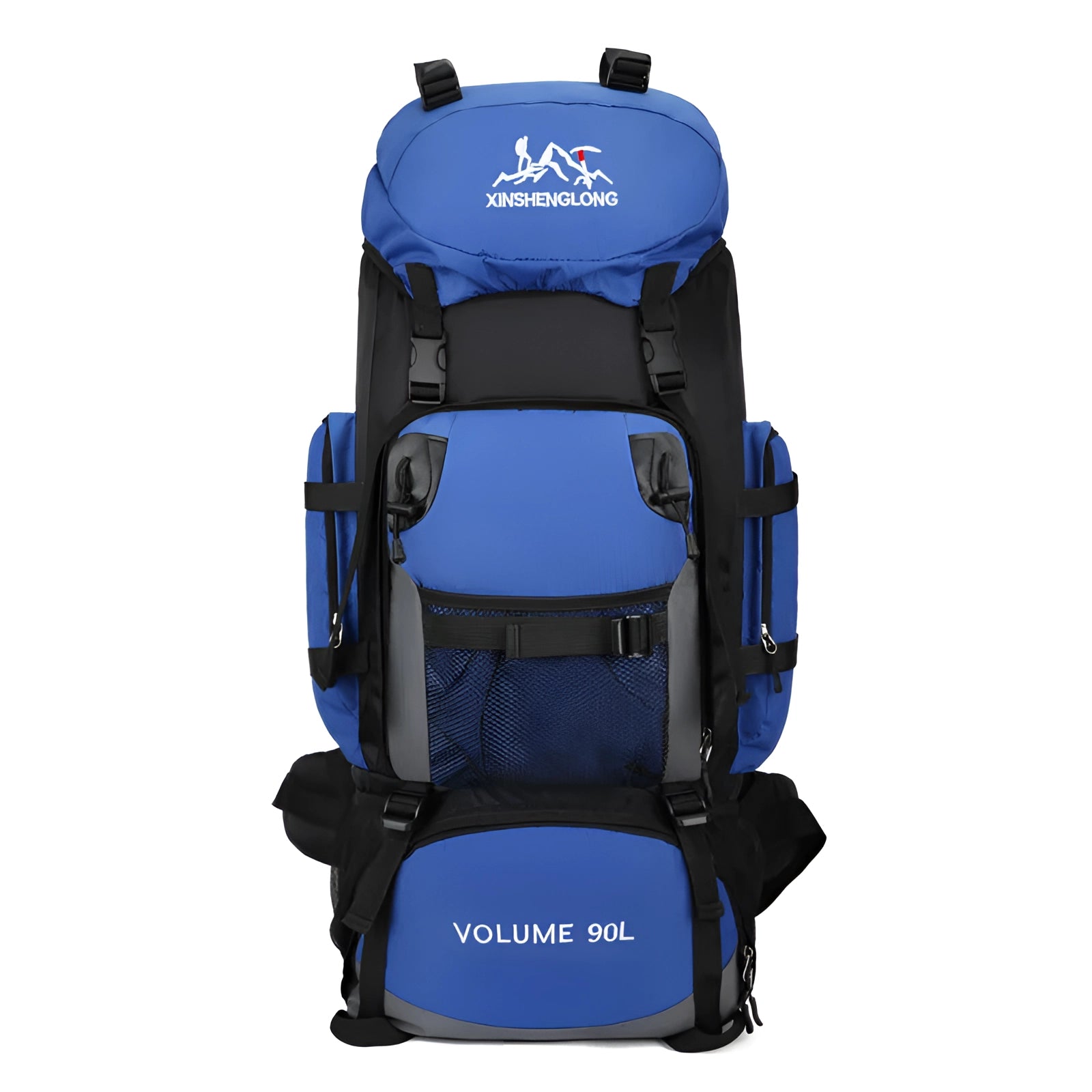 Electric blue heavy-duty hiking backpack with multiple compartments and adjustable straps designed for outdoor adventures.