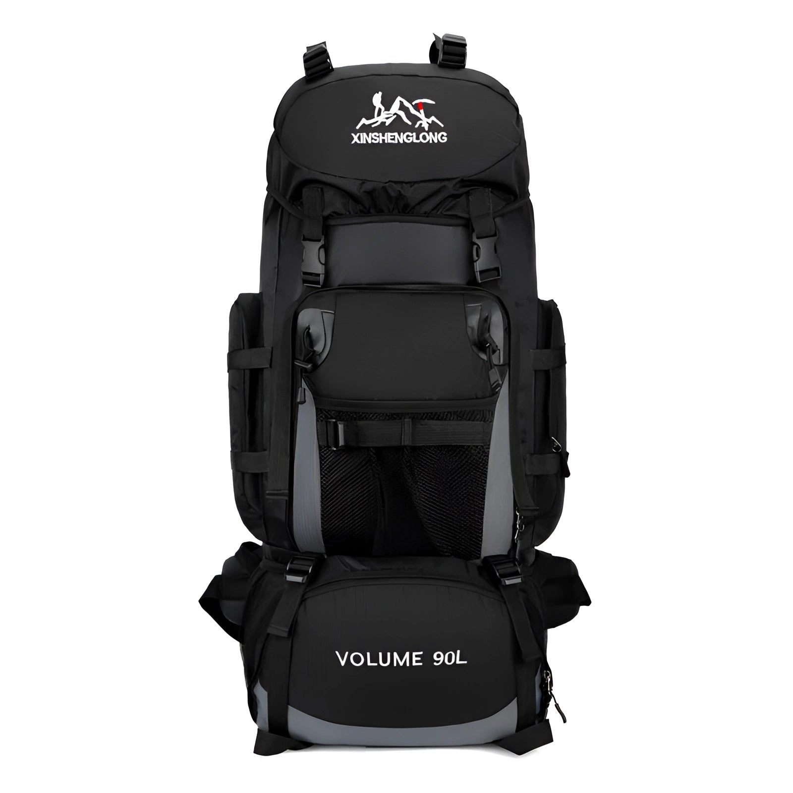 
A black OULYLAN 90L heavy-duty hiking backpack designed for outdoor adventure, featuring multiple compartments and straps for efficient storage and organization.