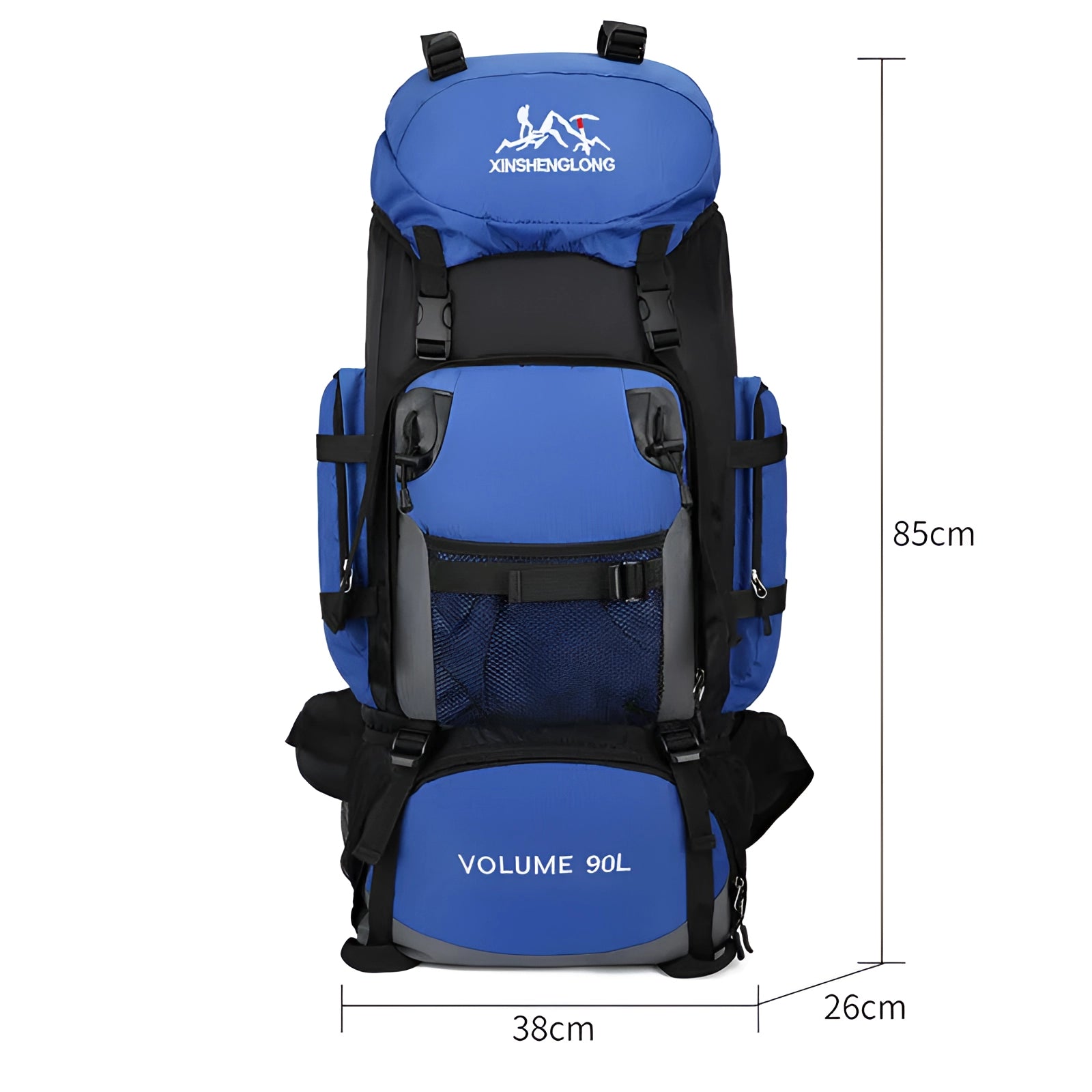 OULYLAN 90L Heavy-Duty Hiking Backpack in electric blue, featuring multiple straps and compartments designed for outdoor adventure.