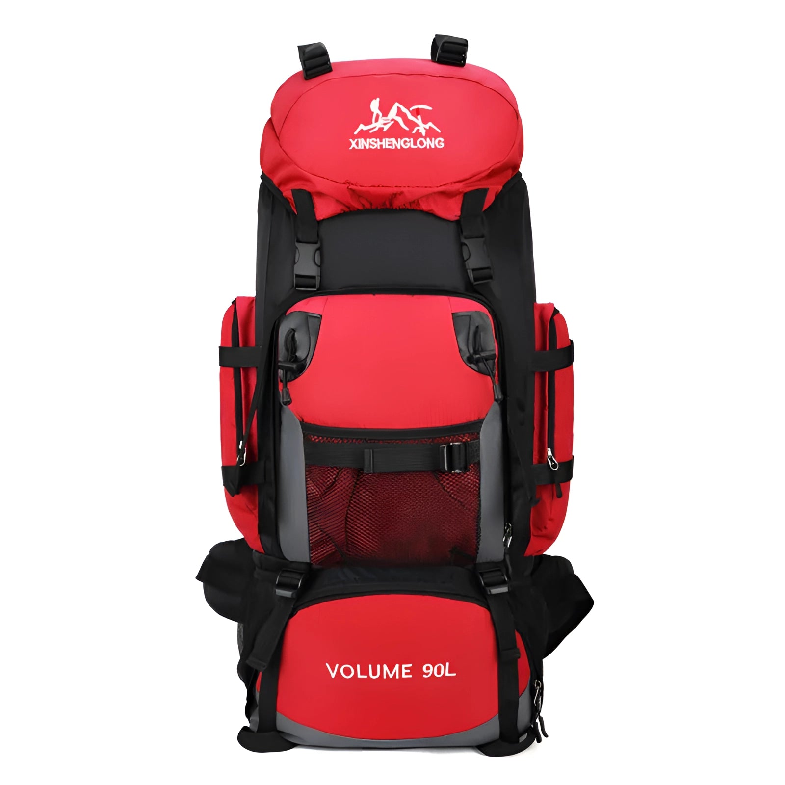 Red OULYLAN 90L heavy-duty hiking backpack designed for outdoor adventure, featuring multiple compartments and straps for efficient gear organization, showcased against a plain background.