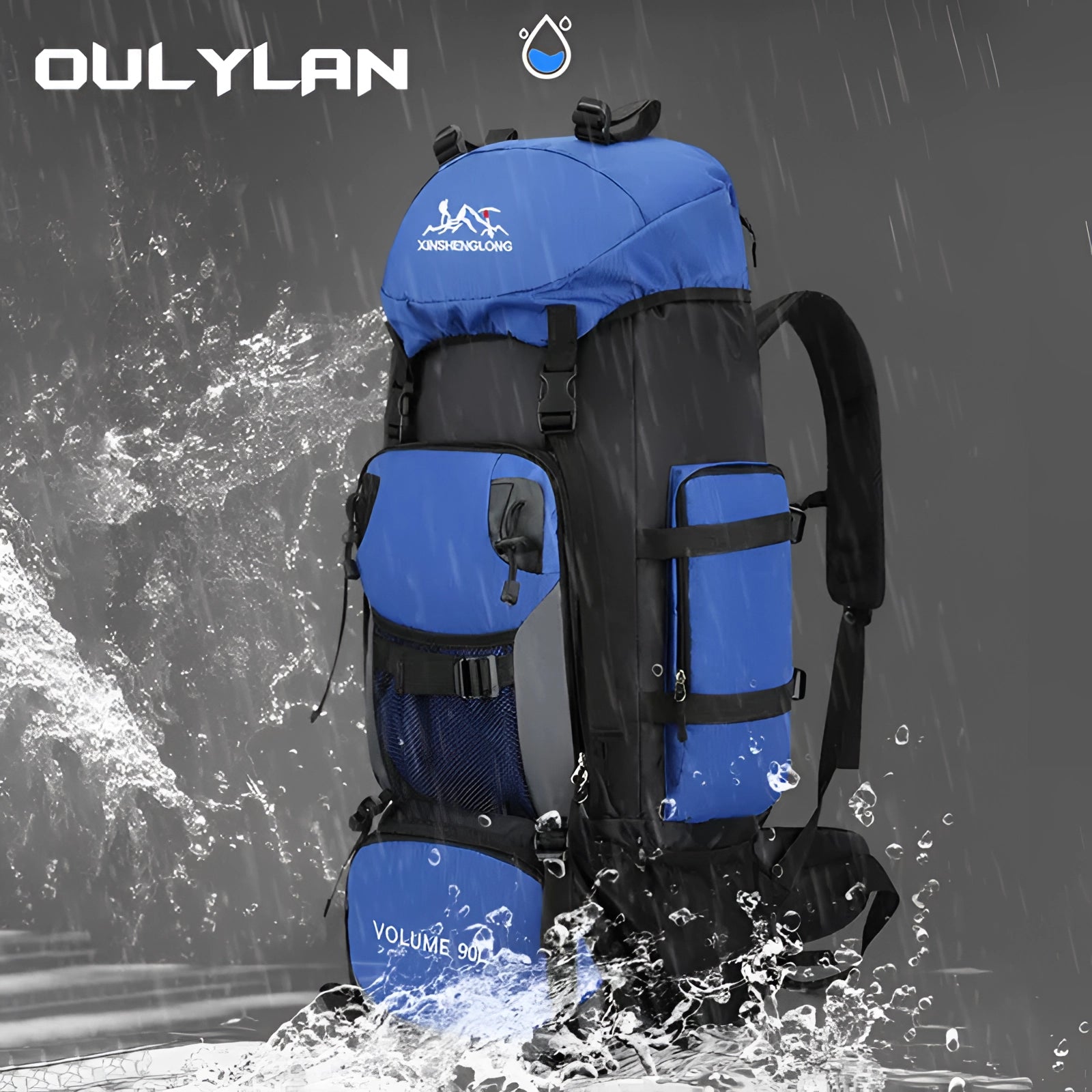 Heavy-duty hiking backpack with a capacity of 90 liters, designed for outdoor adventures, shown against a backdrop of a nautical setting with watercraft and recreational boating elements.