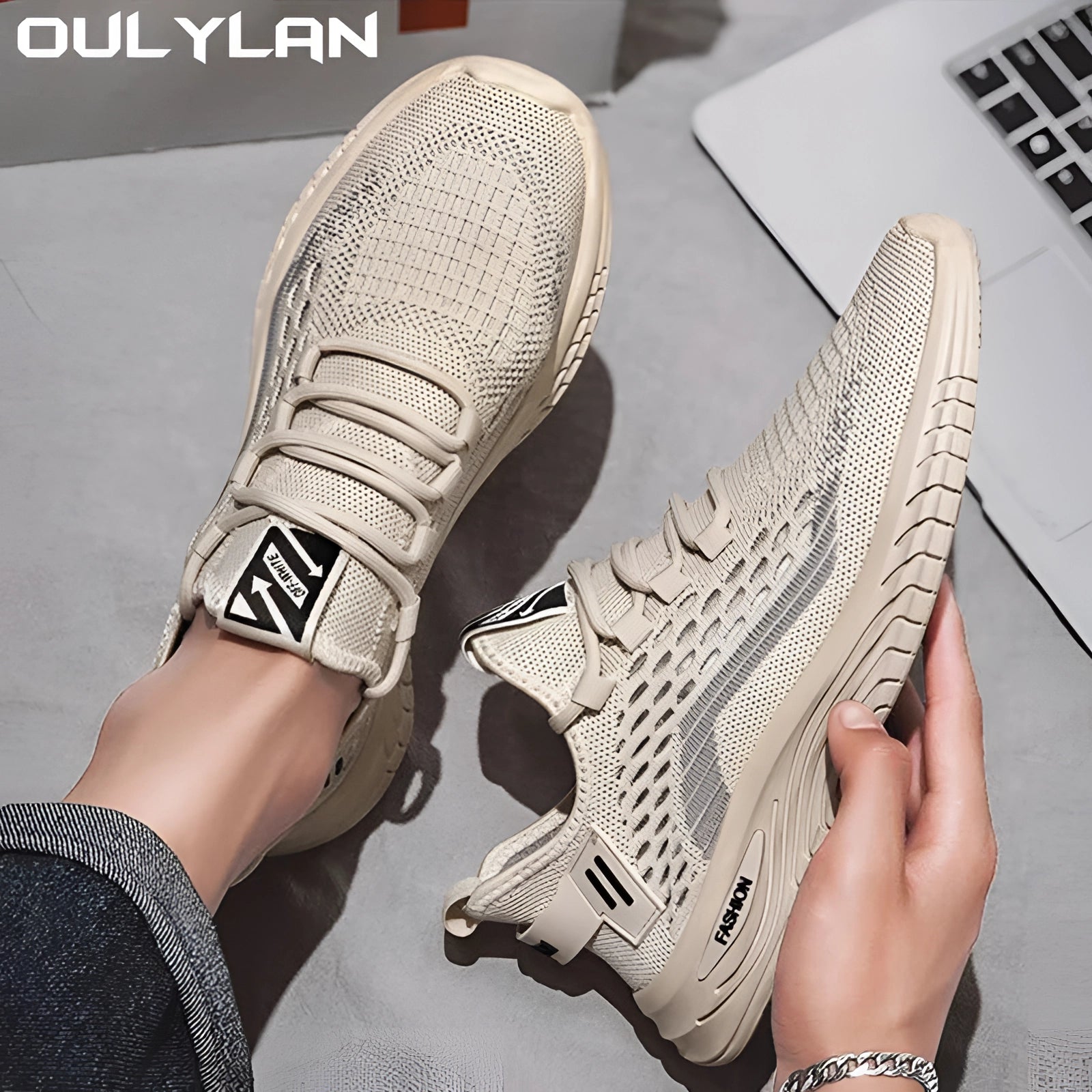 Beige knit sneakers with a lightweight, breathable design, shown on feet, highlighting their stylish and comfortable fit.