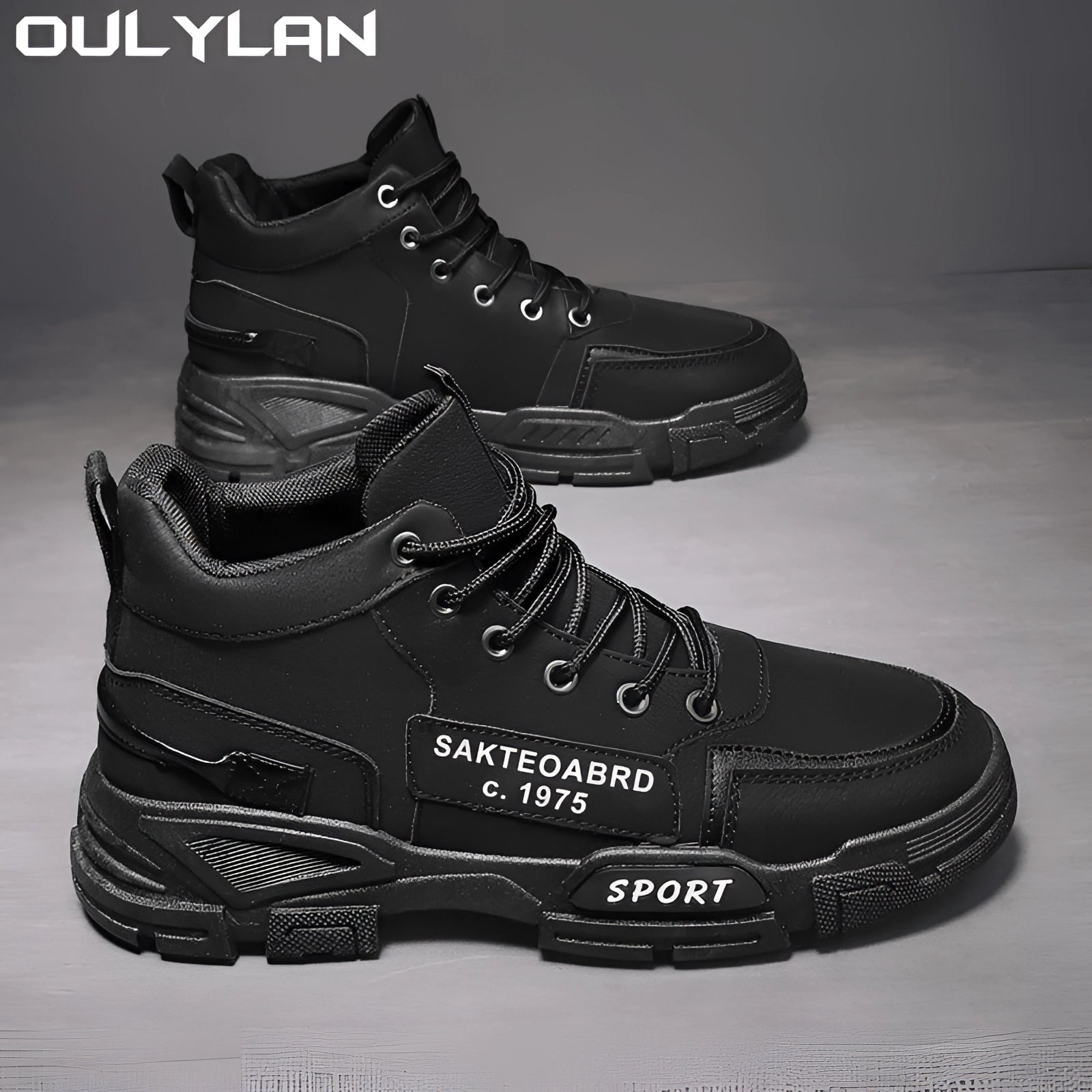 Black Oulylan durable high-top skateboarding shoes with ankle support, size 43.