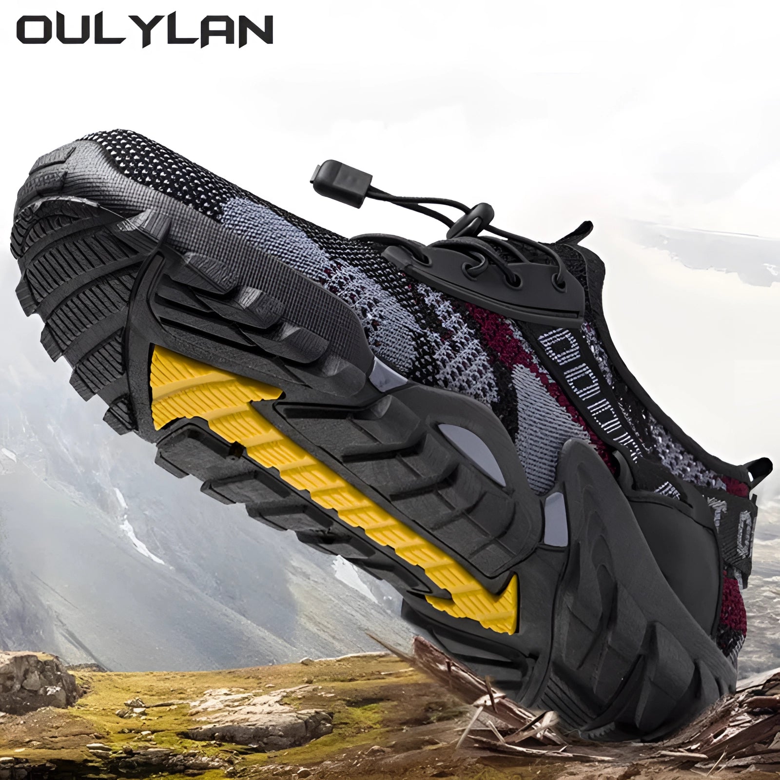 Men's breathable mesh non-slip hiking and running shoes displayed outdoors, featuring a durable synthetic rubber sole and athletic design.