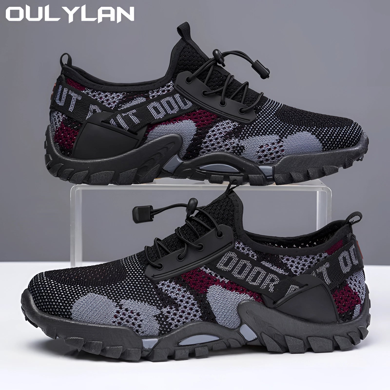 Men's breathable mesh hiking and running shoes in a combination of white, black, and grey colors, featuring a non-slip sole and a sporty sneaker design.