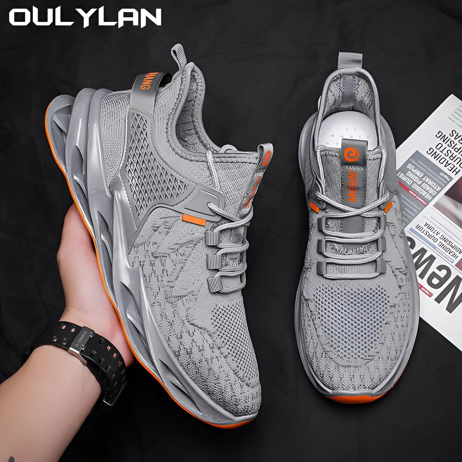 Men's lightweight grey breathable cushioned running shoes designed for outdoor activities.