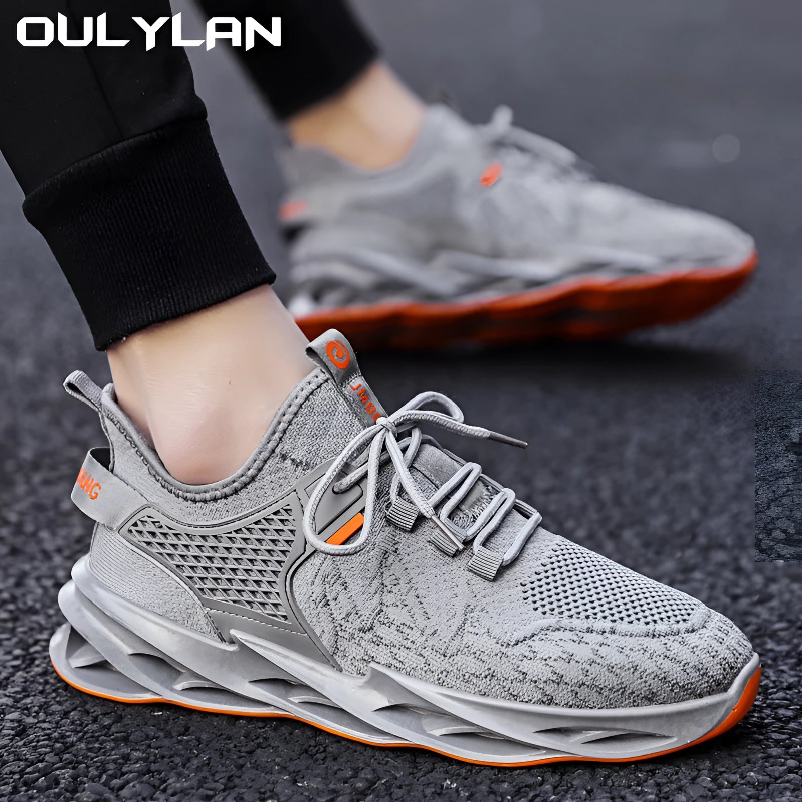 Men's lightweight grey breathable cushioned running shoes, featuring a sleek design with white and grey accents, suitable for sportswear and outdoor activities.