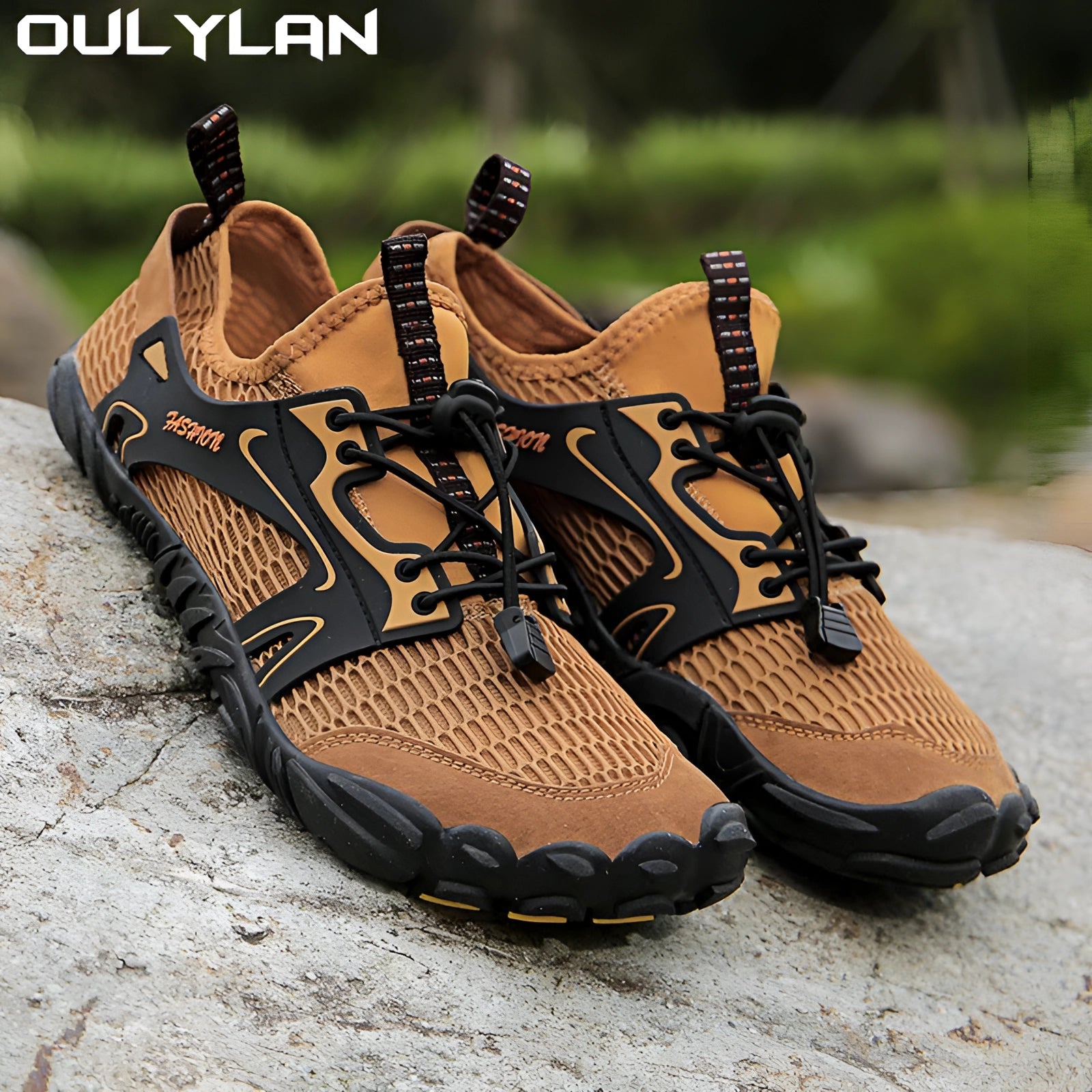 Brown OULYLAN Quick-Dry Trail Running Shoes designed for outdoor use, featuring a breathable and lightweight material with a non-slip sole, suitable for athletic activities on grassy terrains.