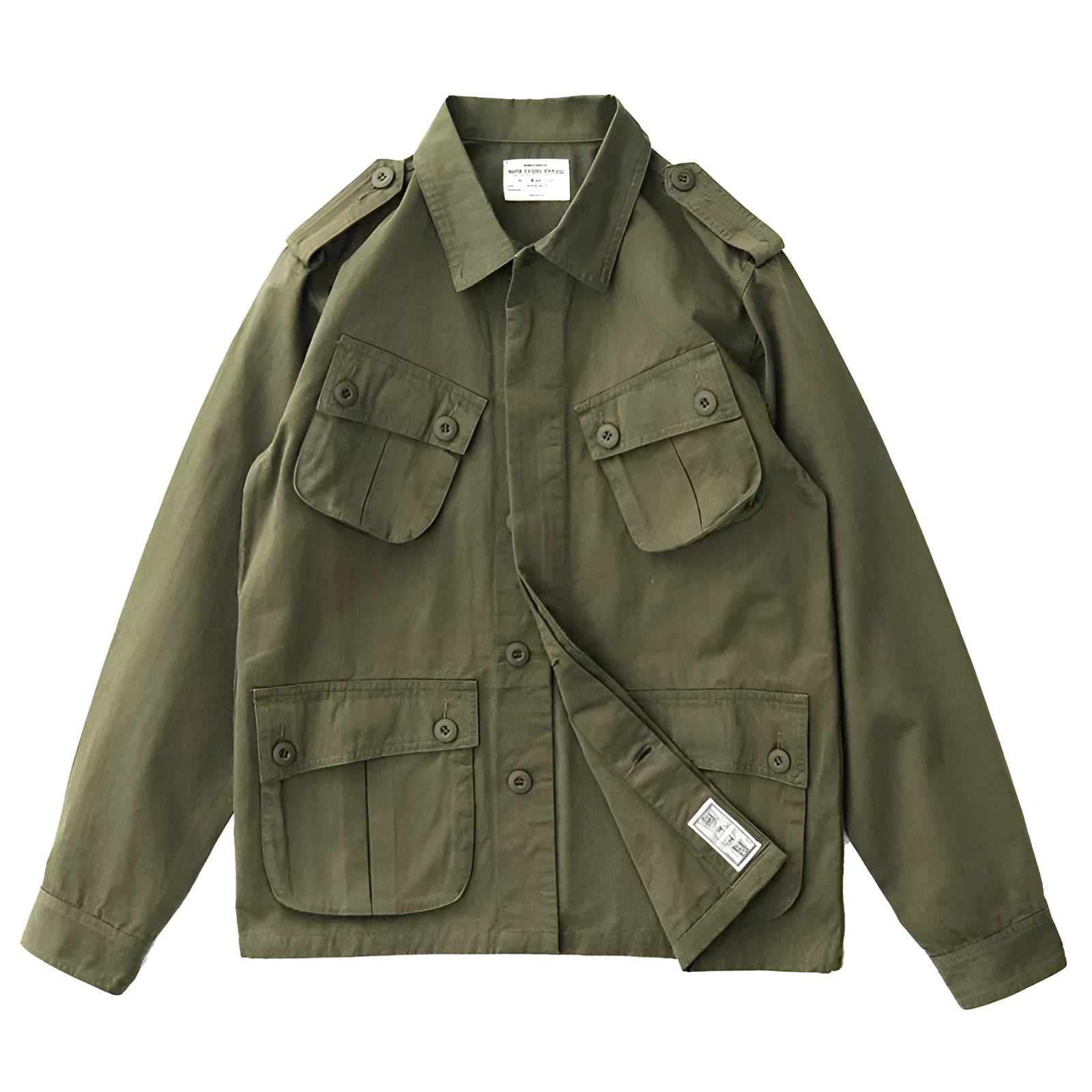 Men's green tactical military utility jacket with a button-up front, long sleeves, and a collared neckline, designed for outdoor use. The jacket is in an XXL size and features a sleek, fashion-forward design.