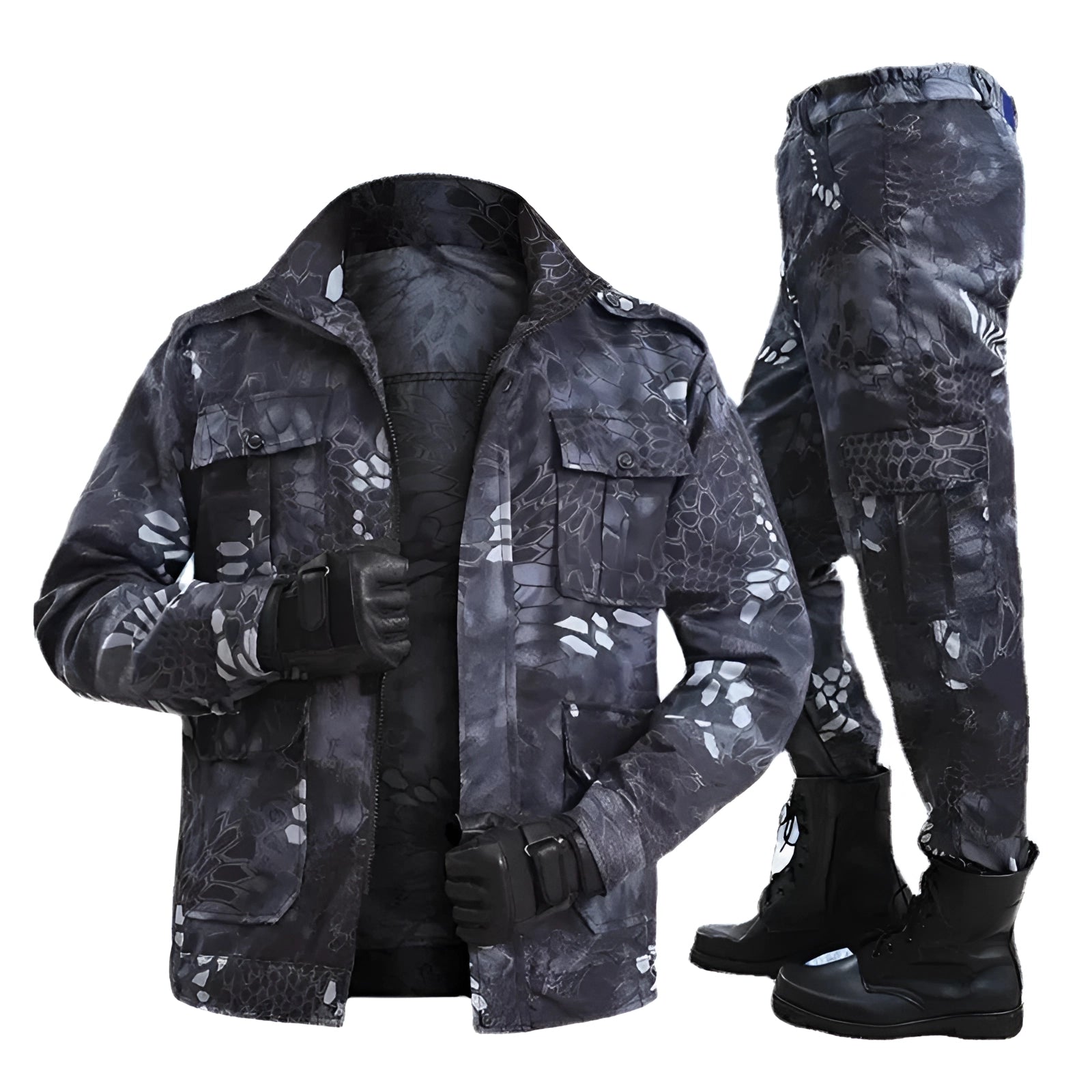 Tactical camouflage outdoor jacket with long sleeves and a high collar, designed to be waterproof and breathable, featuring an electric blue color and denim-like texture.