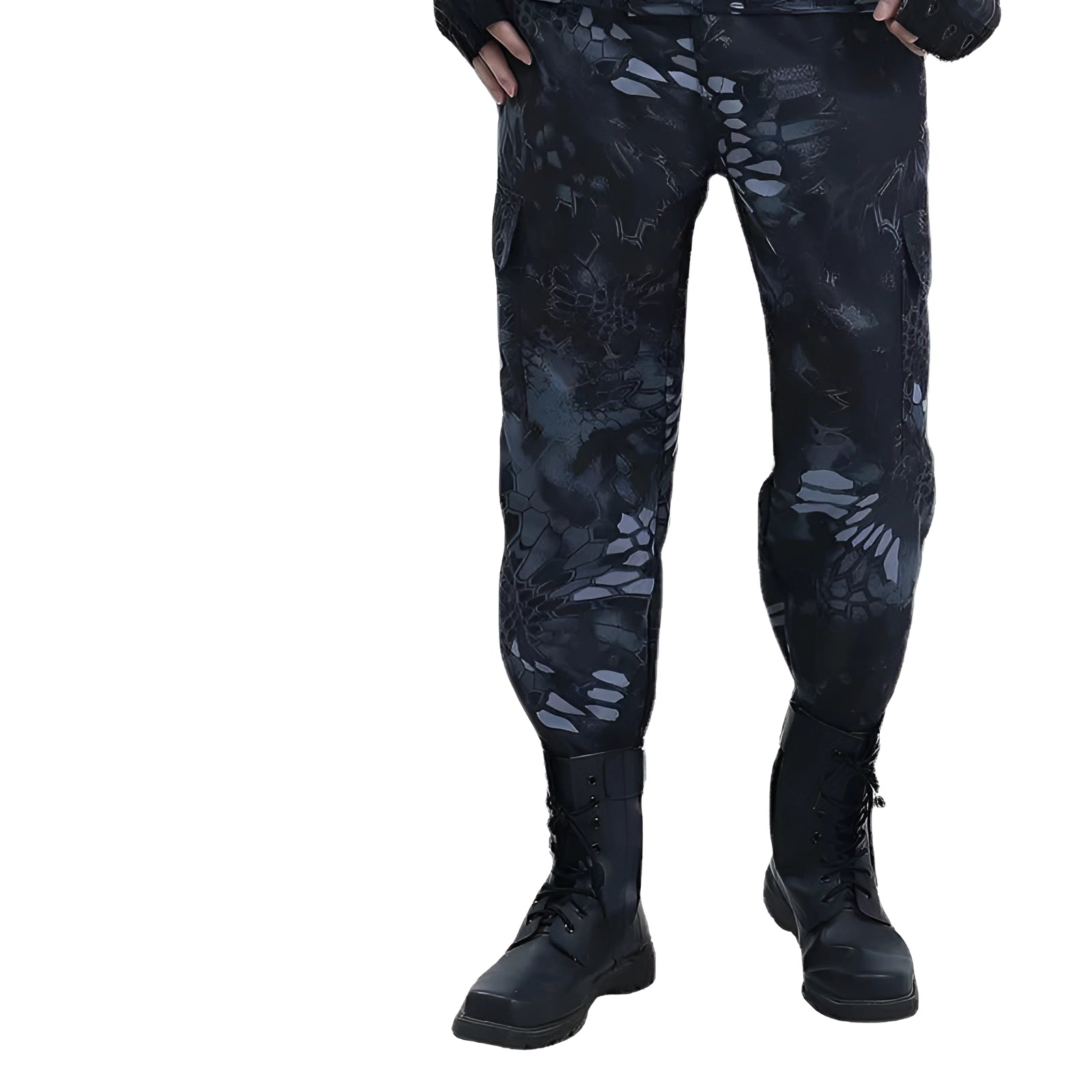 Tactical camouflage pants designed for outdoor use, featuring a waterproof and breathable material suitable for various weather conditions. The image shows the pant variant labeled as 190-5XL, highlighting its durable construction and functional design elements.