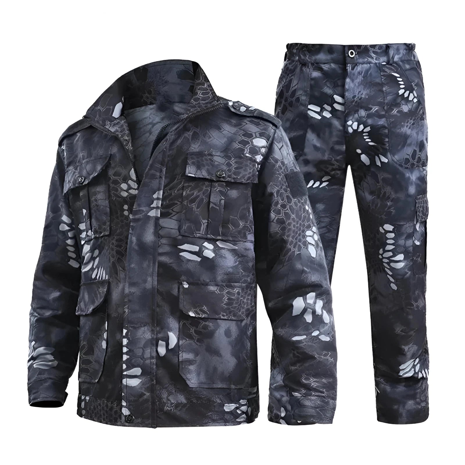 Tactical camouflage outdoor clothing set in a waterproof and breathable material, featuring a distinctive pattern with pockets, a collar, and long sleeves, designed for both functionality and fashion.