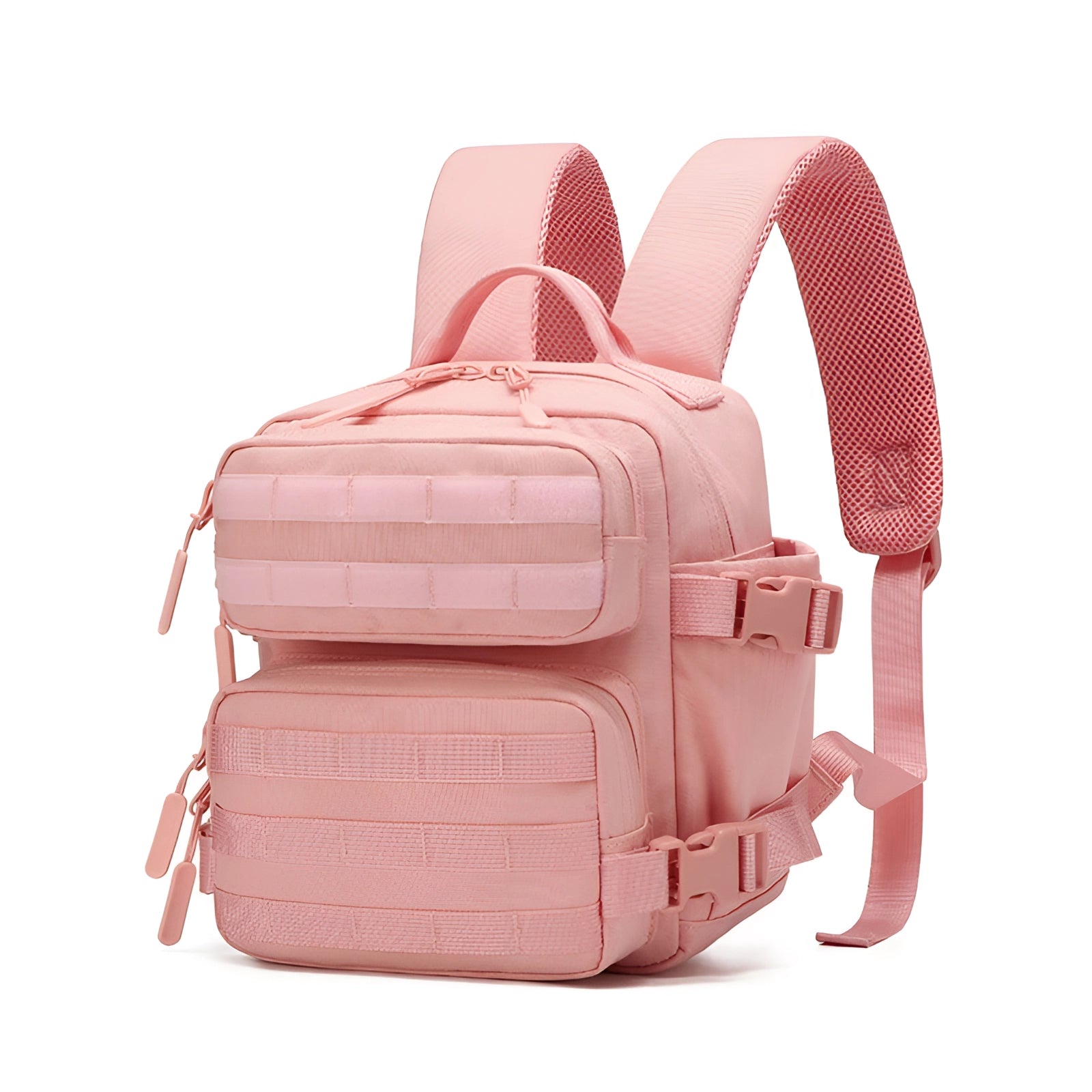 Pink tactical backpack for women featuring a lightweight design with MOLLE system and multiple pockets, perfect for everyday carry and travel.