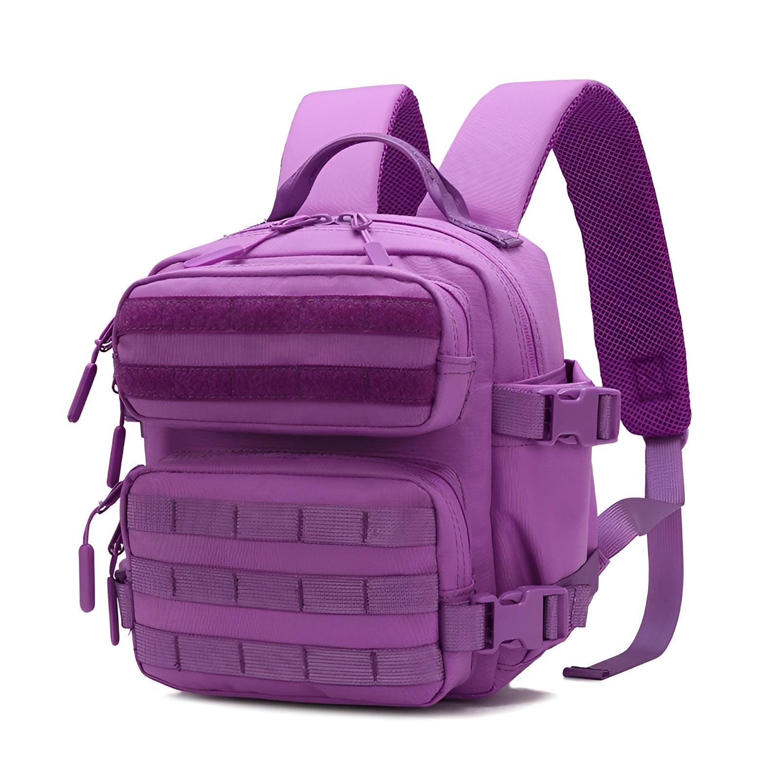 Purple tactical backpack designed for women, featuring a lightweight build with multiple pockets and MOLLE compatibility suitable for everyday carry and travel.